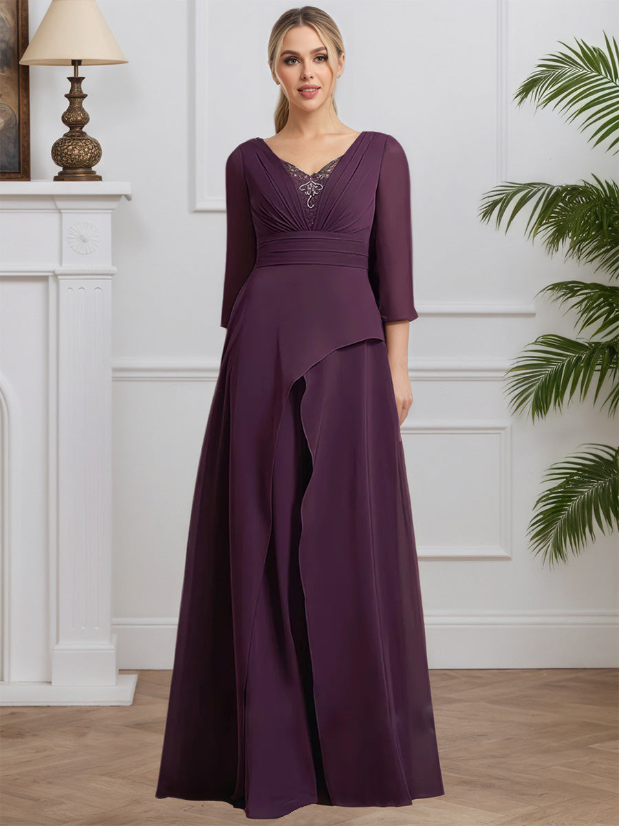 Cicinia Raisin Robe pour Mère de la Mariée Longue en Mousseline A-Line Décolleté en V Manches Trois-Quarts