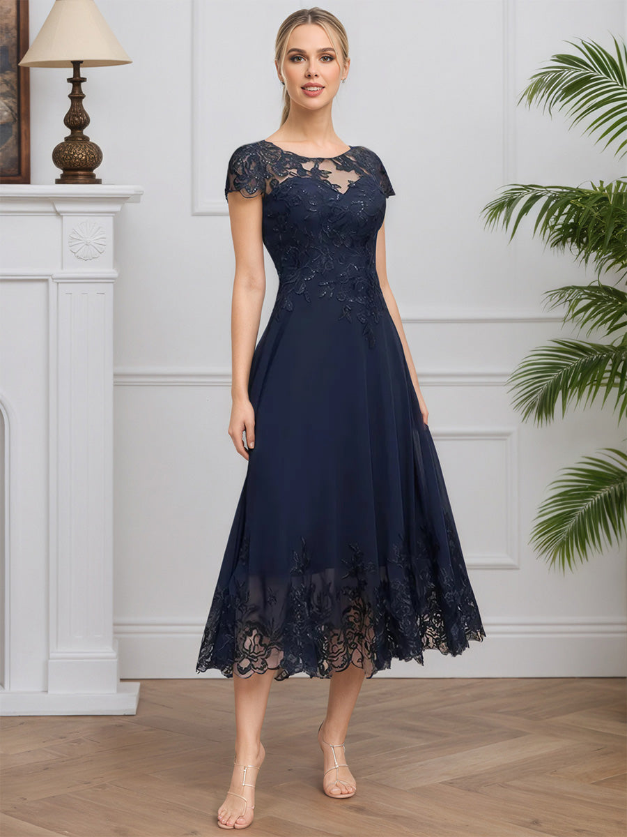 Cicinia Bleu Marine Foncé Robe pour Mère de la Mariée Longue en Mousseline et Dentelle A-Line Manches Capelines Courtes
