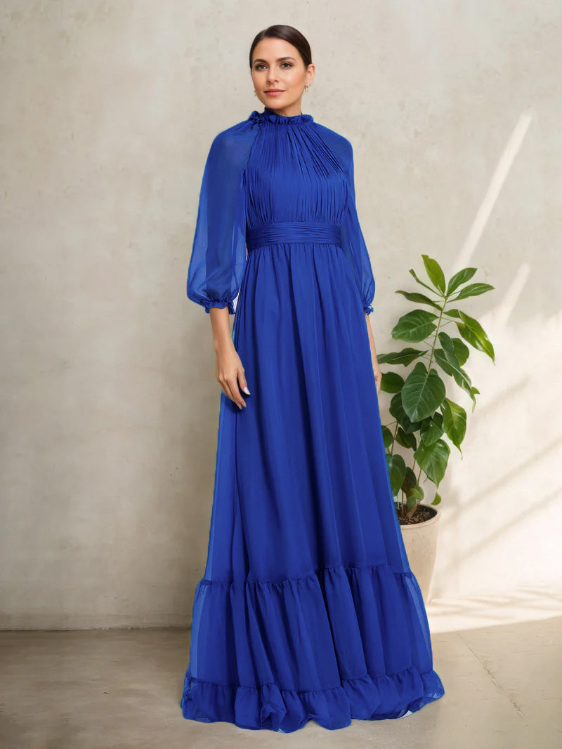 Robe Mère de la Mariée BLEU à Col Haut Illusion Manches Trois-Quarts Dentellées