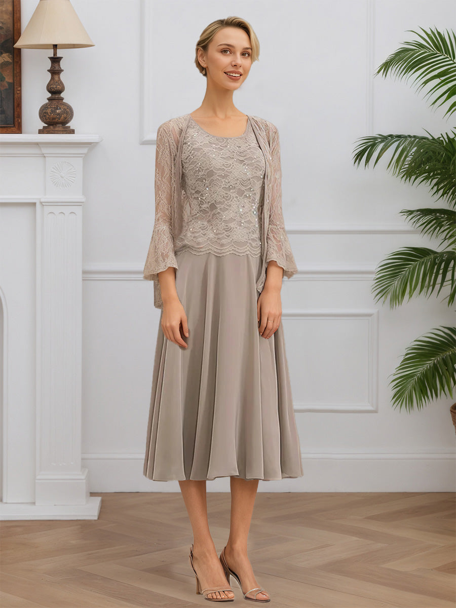 Cicinia Taupe 2 Pièces Robe avec Veste pour Mère de la Mariée Longue en Dentelle et Mousseline A-Line Longueur Midi (Thé)