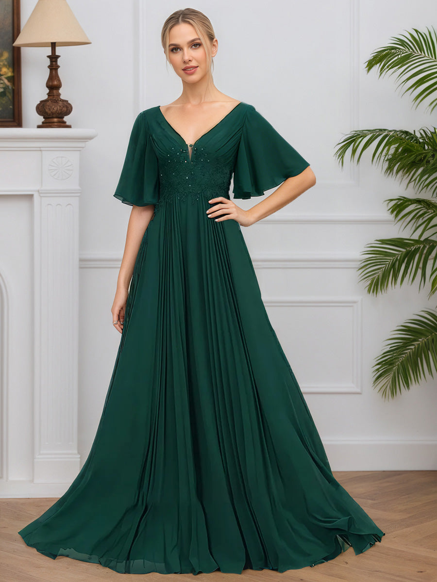 Cicinia Vert Foncé Robe pour Mère de la Mariée Longue en Mousseline et Dentelle A-Line Décolleté en V Modeste
