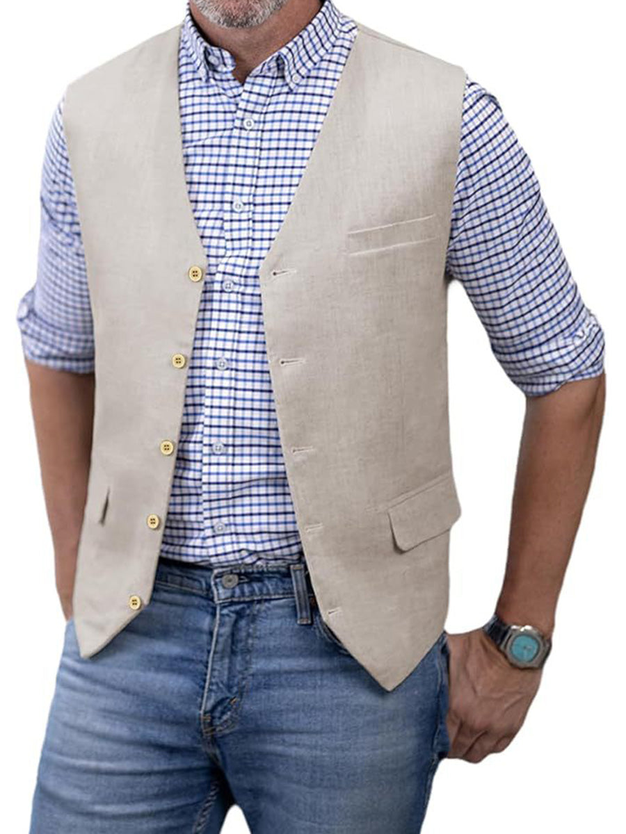 Gilet Décontracté en Coton-Lin Respirant Minimalisme Élégant pour Homme