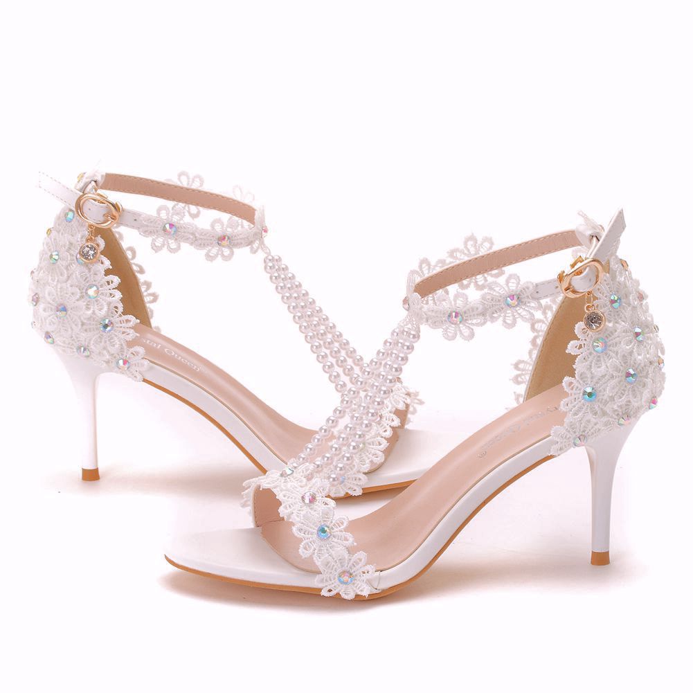 Sandales Femmes chaussures de mariage en dentelle perlée et fleurs