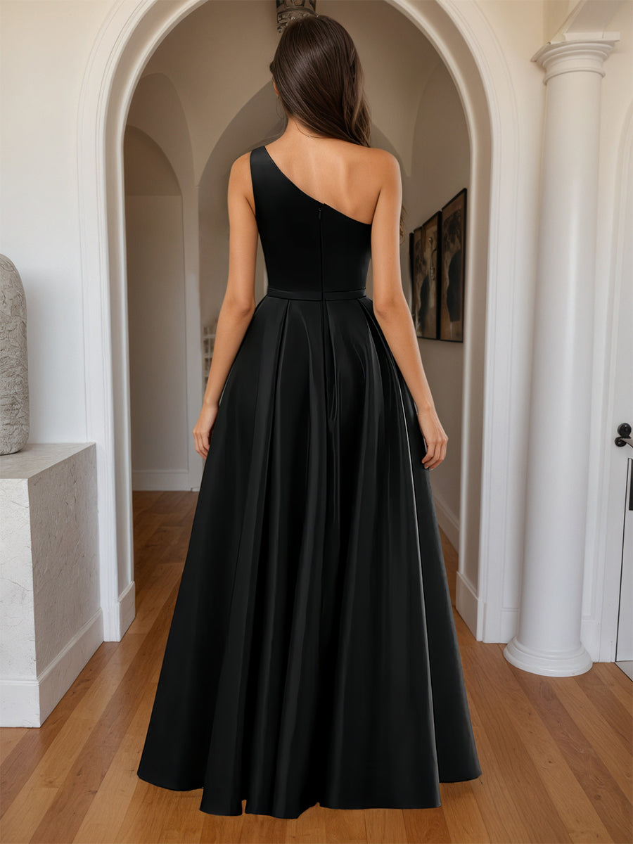 Cicinia Robe de Soirée Noir Longue A-Line en Satin Une Épaule Fente Longueur Sol