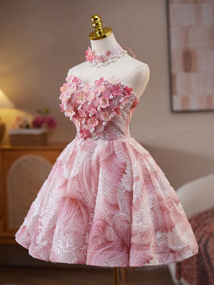 Robe de bal en Rose Florale Robe Bustier sans Manches avec Fleurs et Perles