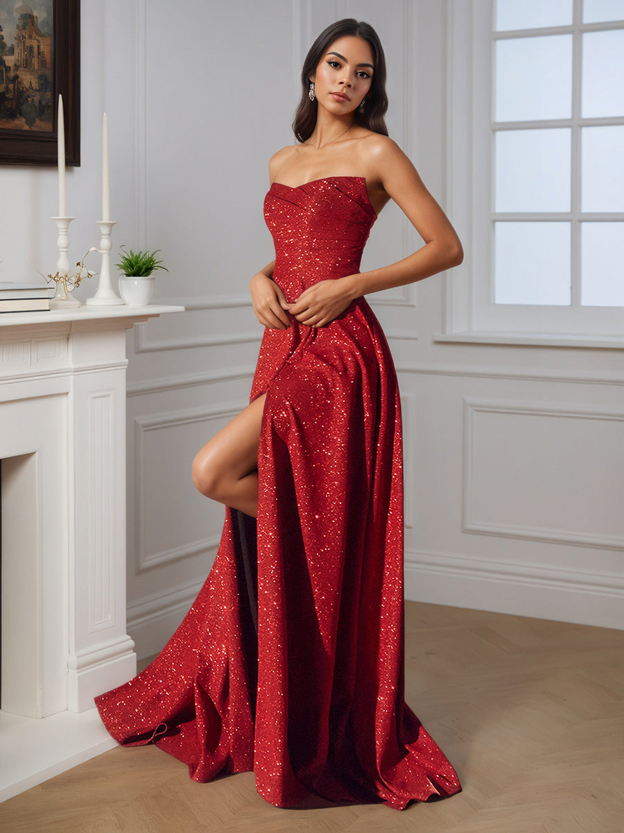 Cicinia Robe de Soirée Rouge Longue A-Line à Jupe Plissée sans Bretelles Fente Longueur Sol avec Traîne Gracieuse