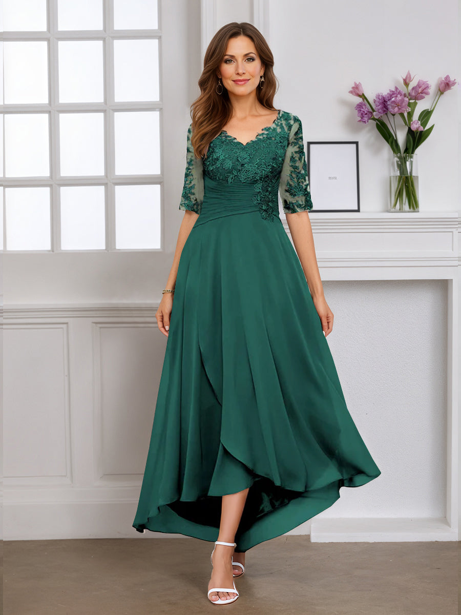 Cicinia Robe pour Mère de la Mariée VERT FONCE Longue A-Line en Mousseline Dentelle Manches Demi-longues Décolleté en V Ourlet Asymétrique