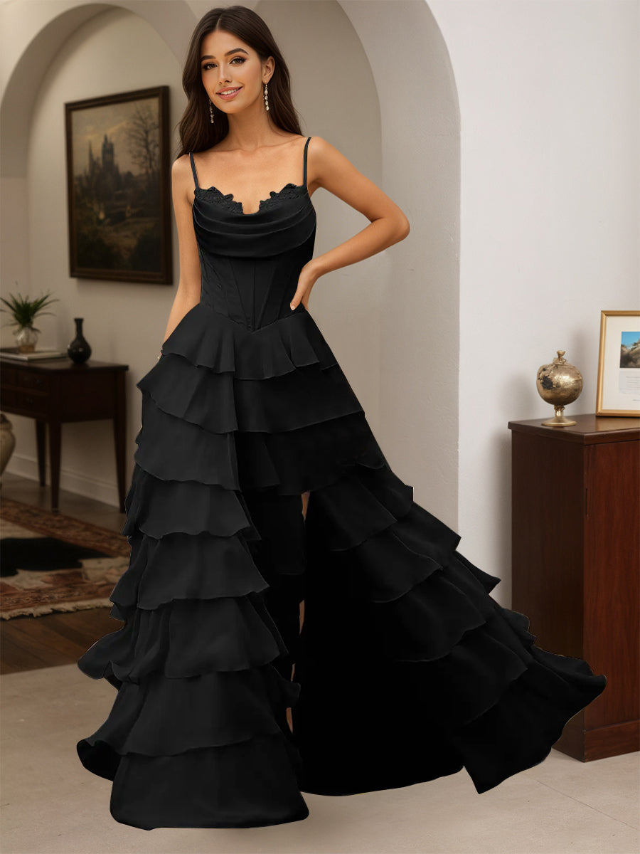 Cicinia Robe de Soirée Noir Longue A-Line à Bretelles Spaghetti Longueur Sol Fente à Volants