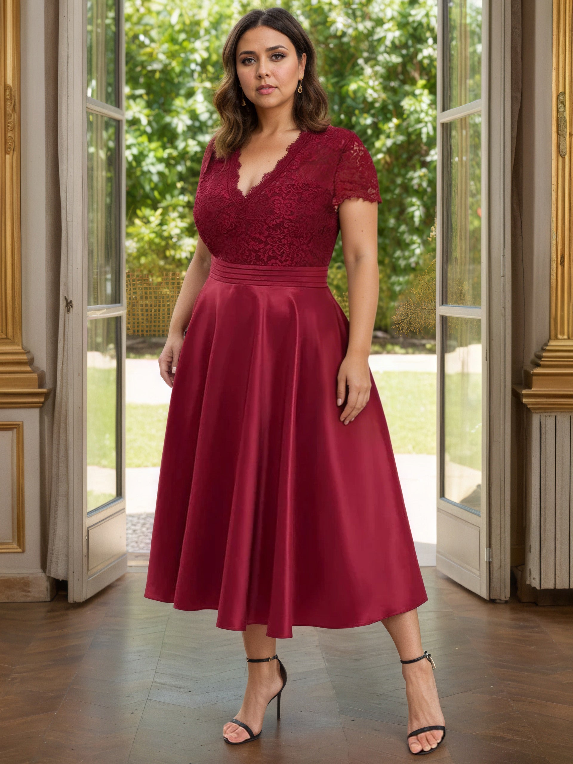 Cicinia BORDEAUX Robe Grande Taille pour Mère de la Mariée Longue A-Line en Satin Dentelle Longueur Midi