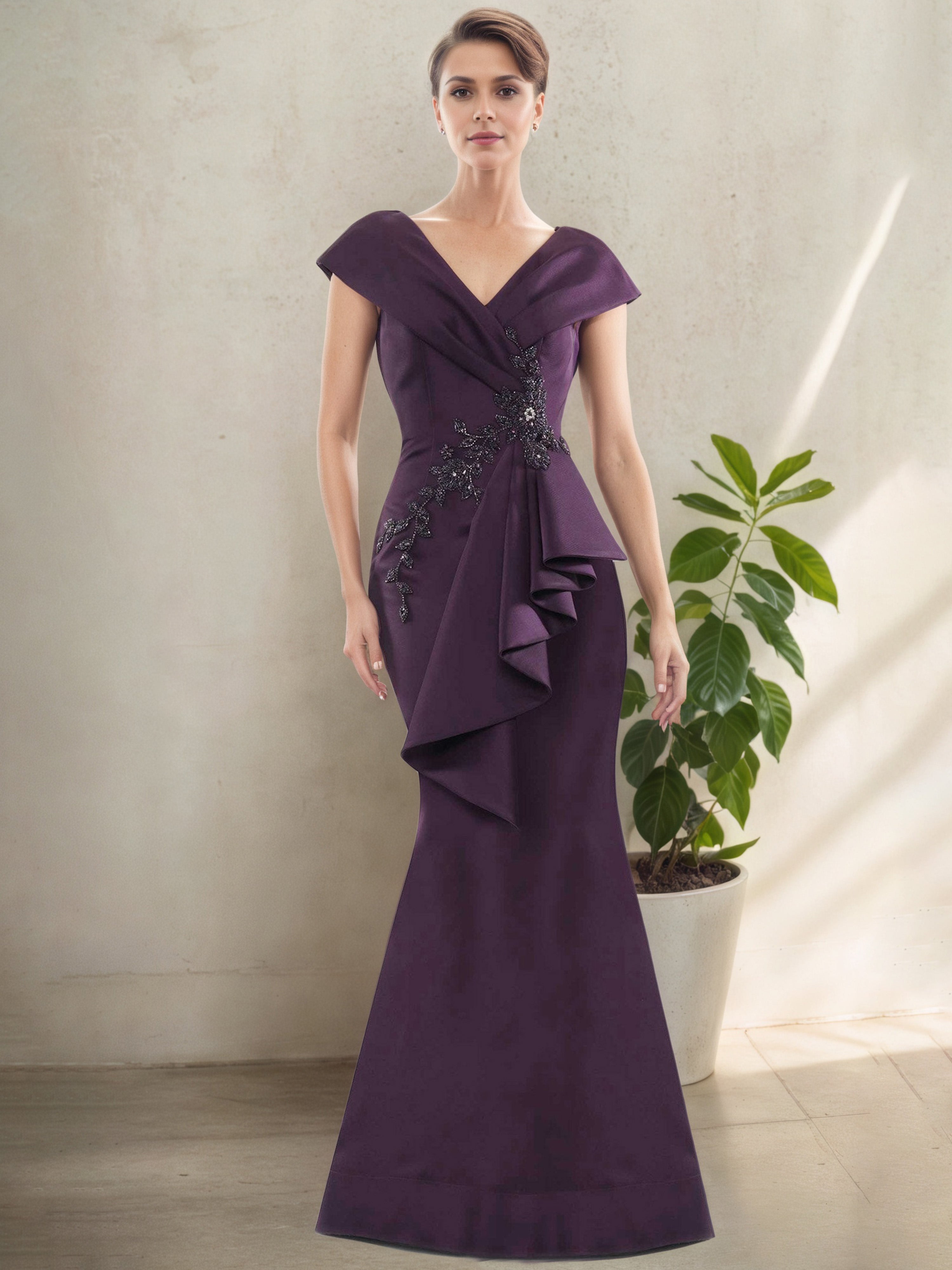 Robe Mère de la Mariée Raisin à Décolleté en V Manches Ballon avec Volant Latéral