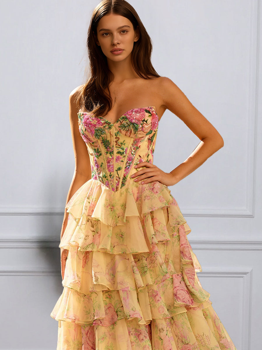 Cicinia Jaune Robe de Soirée Longue en Tissu Imprimé A-Line Fente à Volants sans Bretelles