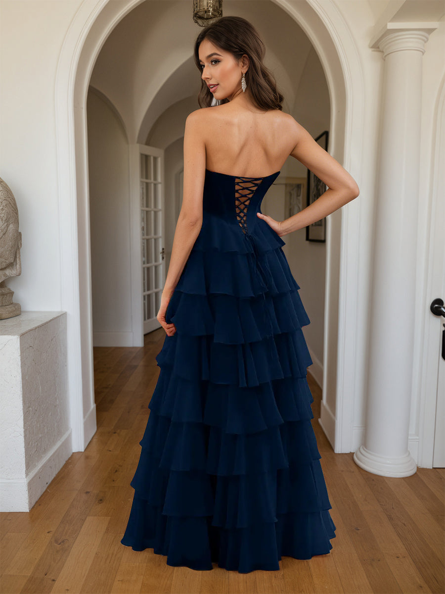 Cicinia Robe de Soirée BLEU MARINE Longue A-Line Décolleté Cœur Fente à Volants