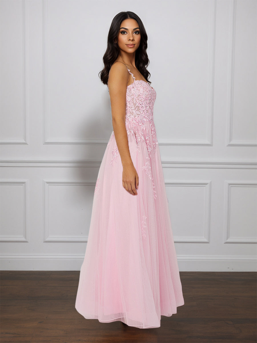 Cicinia Rose Perlé Robe de Soirée Longue en Tulle Appliqués Dentelle A-Line Longueur Sol