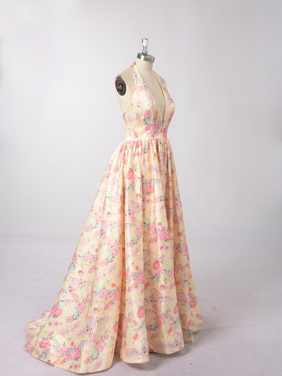 Cicinia Jaune Robe de Soirée Longue en Tissu Imprimé A-Line Décolleté en V Plongeant Dos Nud Halter