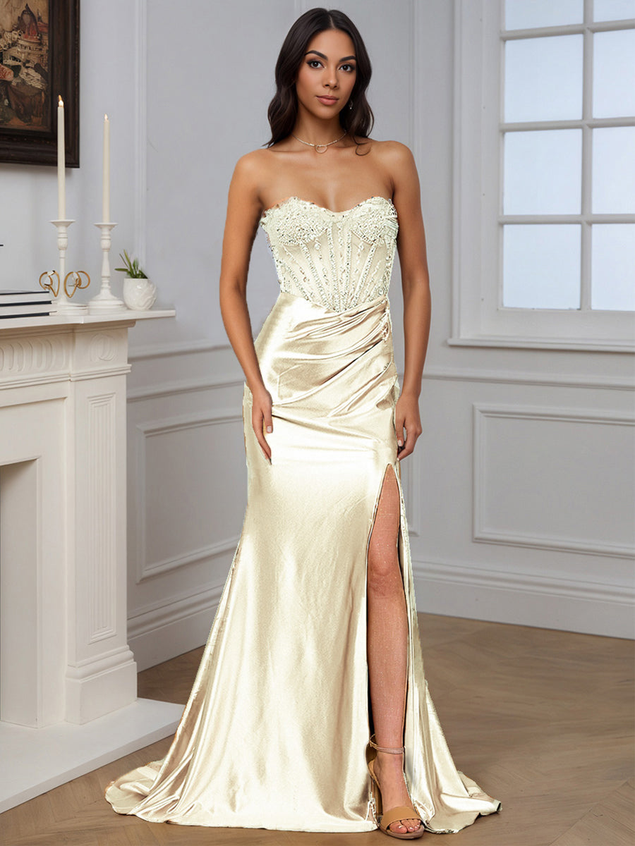 Cicinia Champagne Robe de Soirée en Satin sans Bretelles Perlé Fente Avec Traîne Balayée