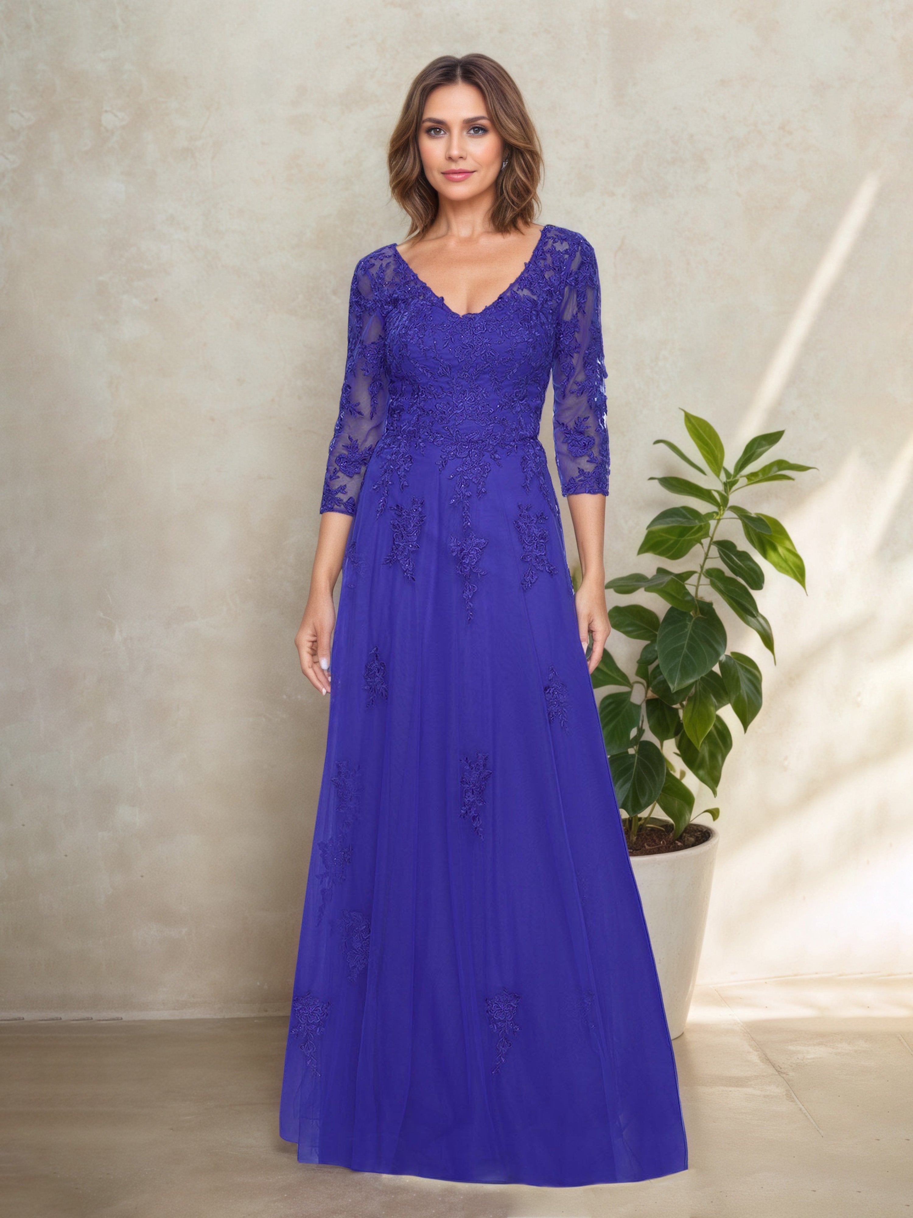 Robe Mère de la Mariée BLEU_ROYALE Col V en Dentelle Manches 3/4