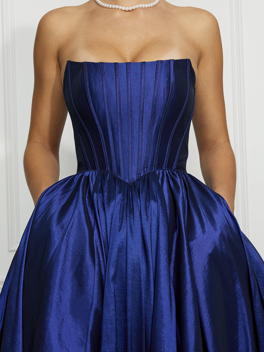 Cicinia Bleu Royal Robe de Soirée avec Poches Longue en Taffetas A-Line sans Bretelles Longueur Sol
