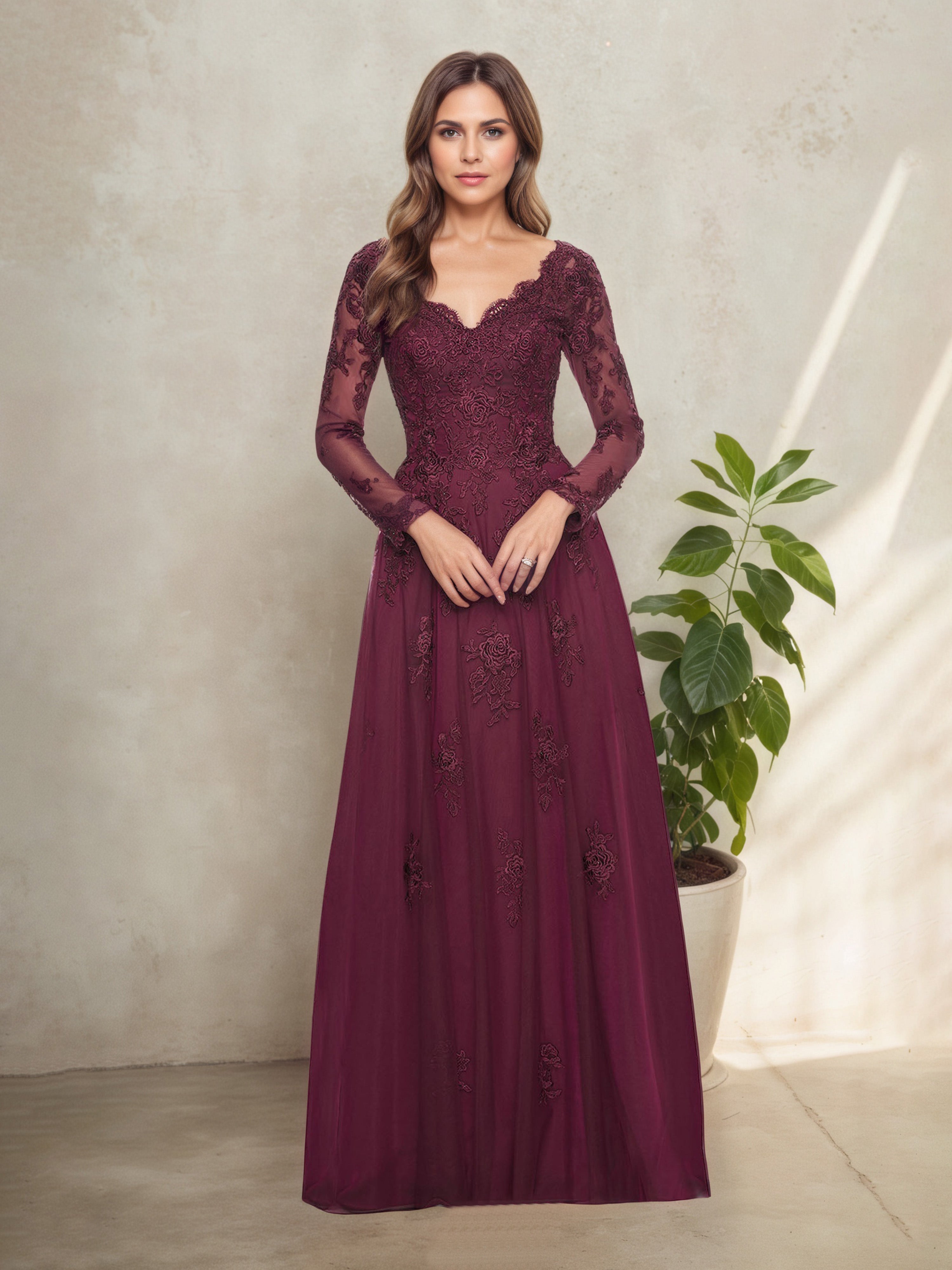 Robe Mère de la Mariée MuRE Col V en Dentelle Manches Longues