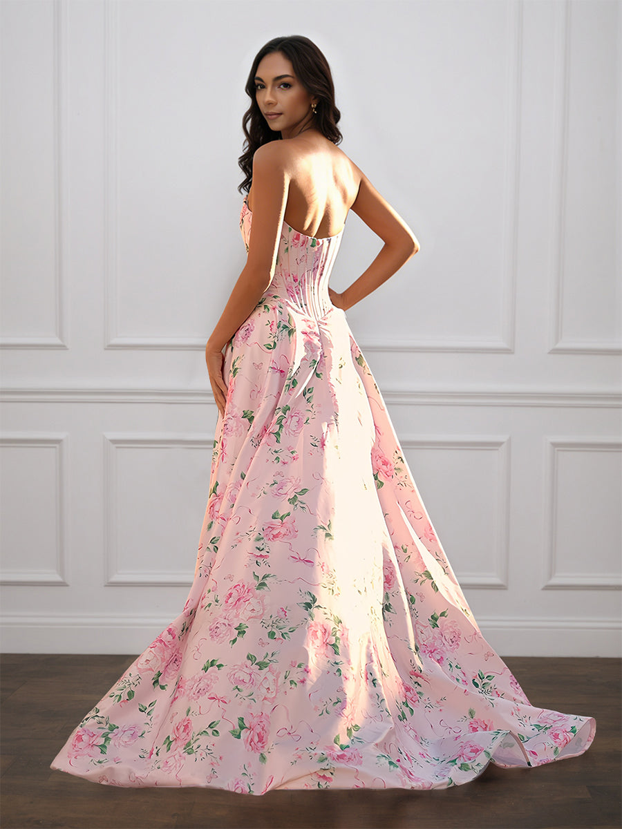 Cicinia ROSE PALE Robe de Soirée Longue en Tissu Imprimé A-Line Fente sans Bretelles