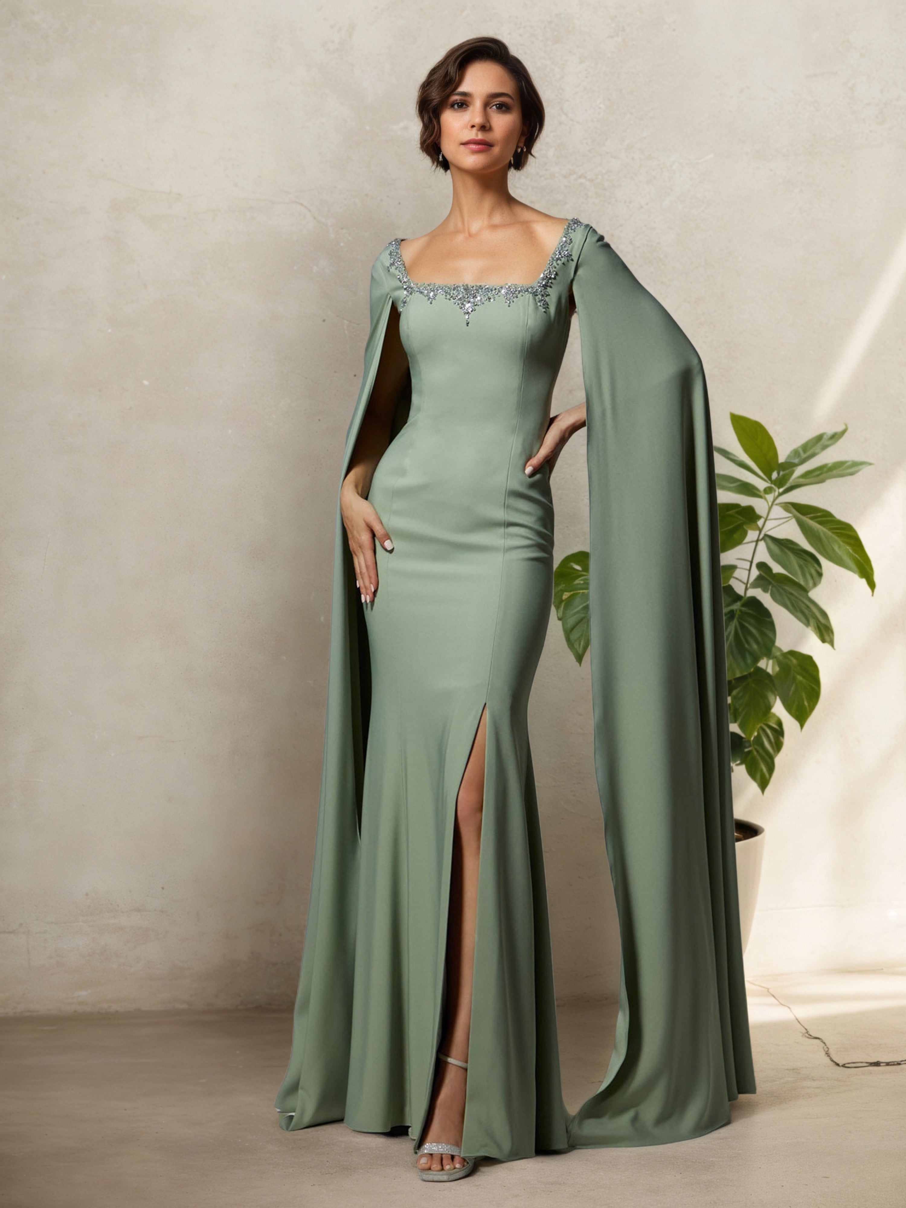 Robe Mère de la Mariée SAUGE_POUDREE Fourreau/Colonne Encolure Carrée avec Manches Volantes Amovibles