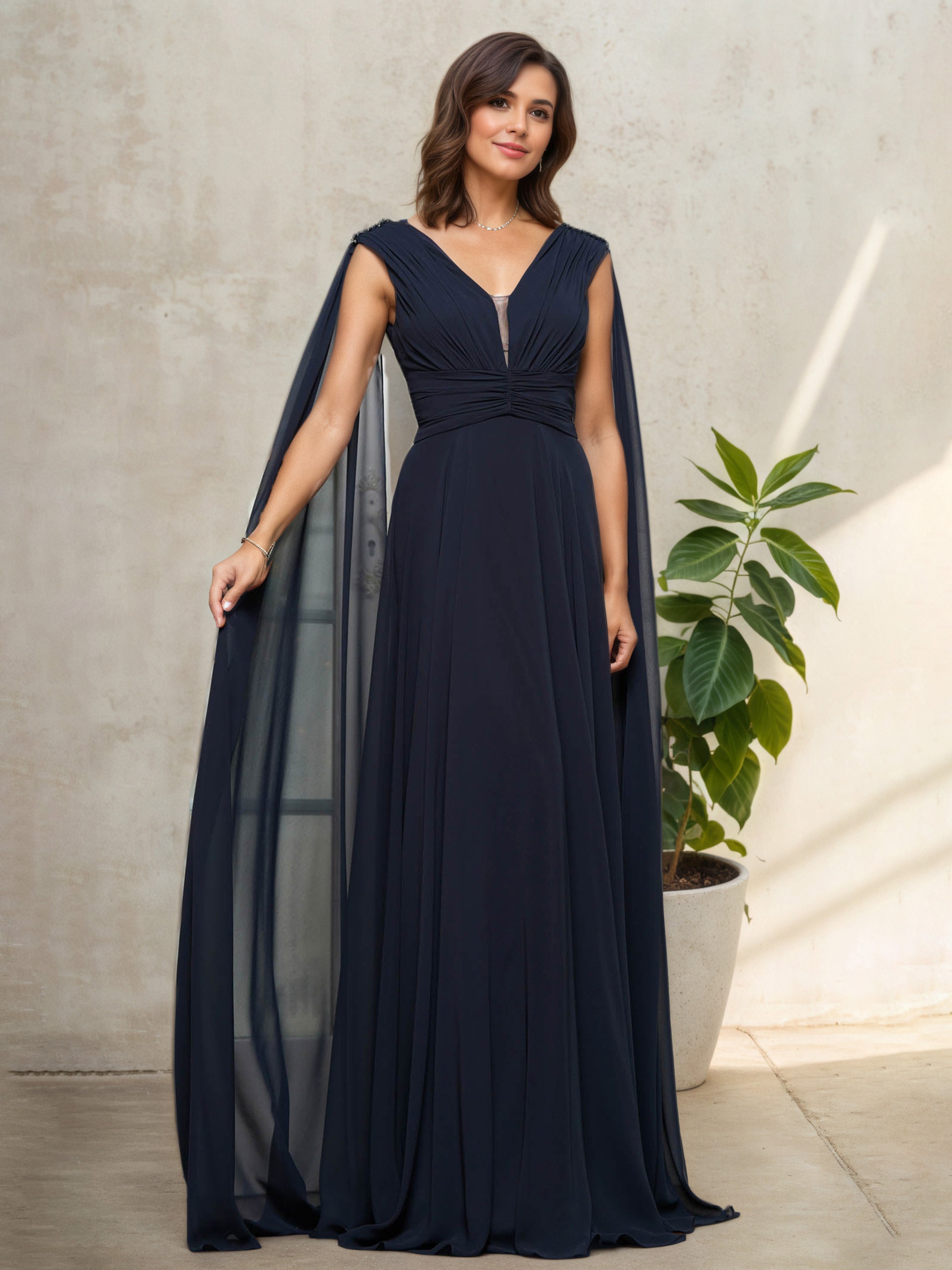 Robe Mère de la Mariée BLEU_MARINE Silhouette A-Line à Décolleté en V Sans Manches avec Plissés Sophistiqués