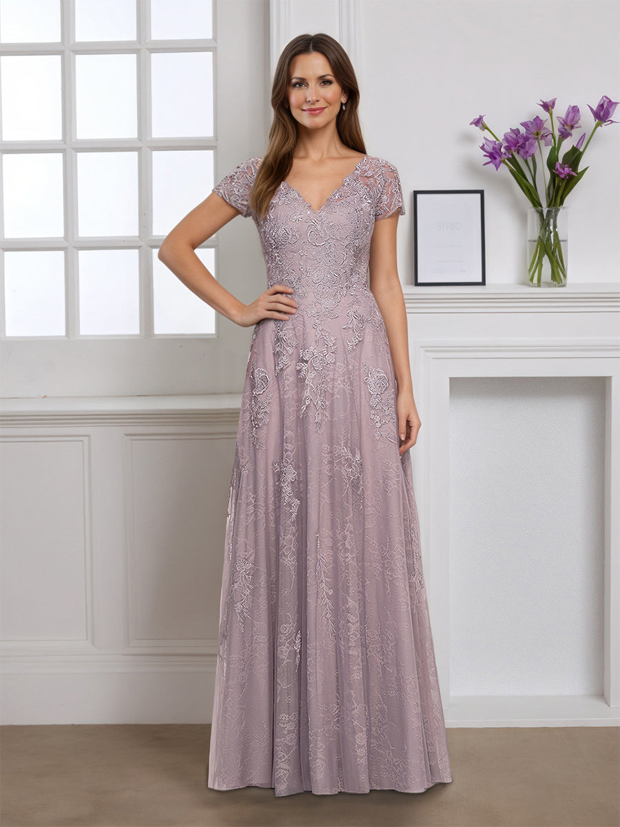 Cicinia Robe pour Mère de la Mariée CREPUSCULE Longue en Dentelle Décolleté en V Manches Capelines