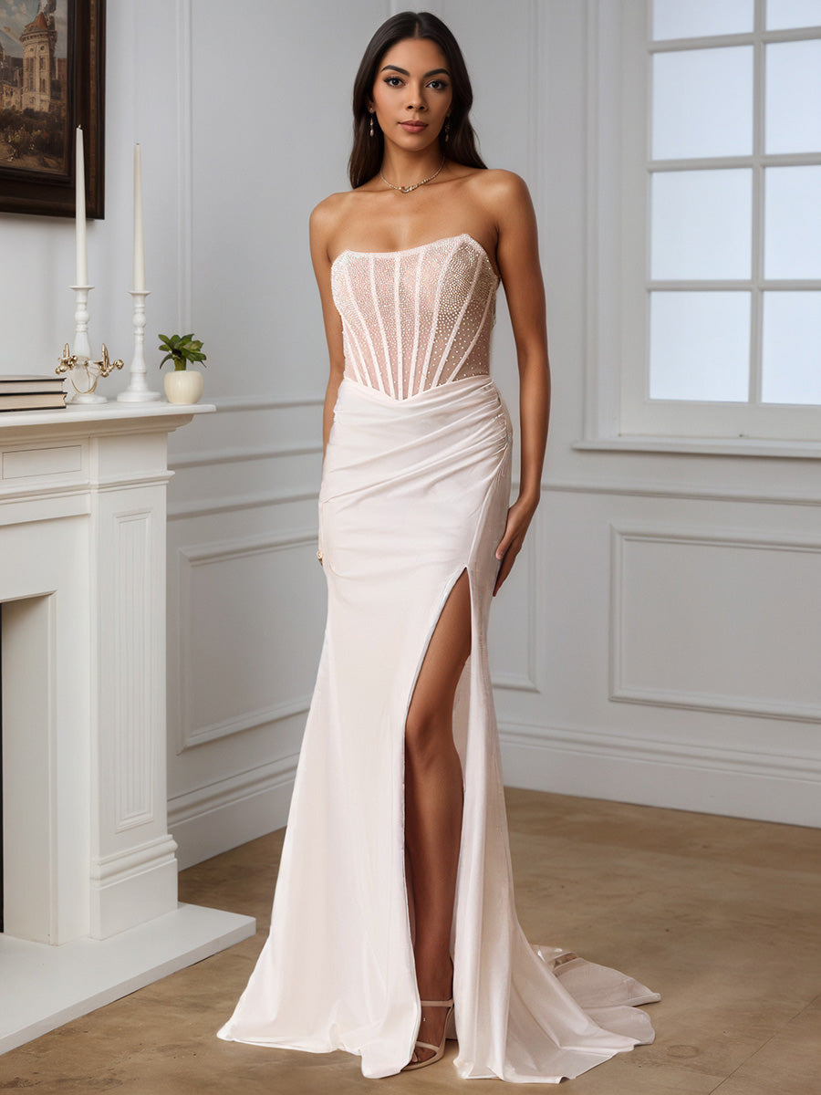 Cicinia Ivoire Robe de Soirée Longue Fourreau sans Bretelles Perlé Fente Dos Nud