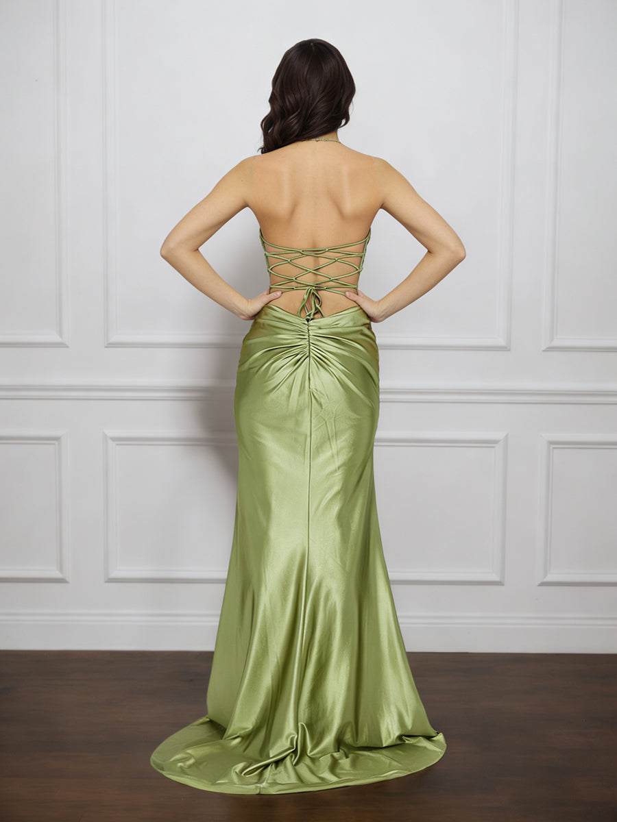 Cicinia Sauge Poussiéreux Robe de Soirée Longue en Satin Doux Fourreau sans Bretelles Dos Nud