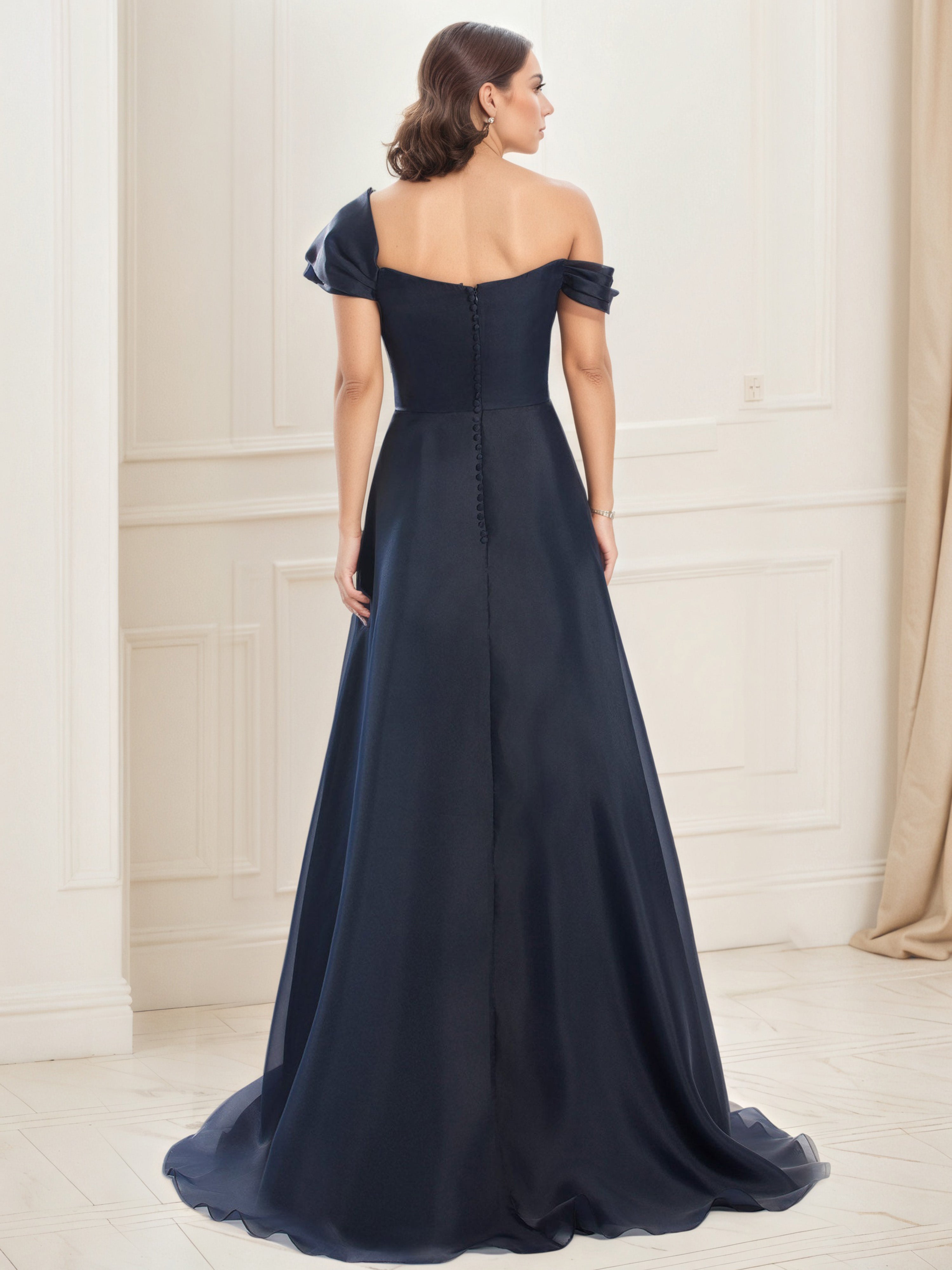 Robe de Bal BLEU_MARINE A-Line à Une Épaule avec Bustier Plissé et Broderies