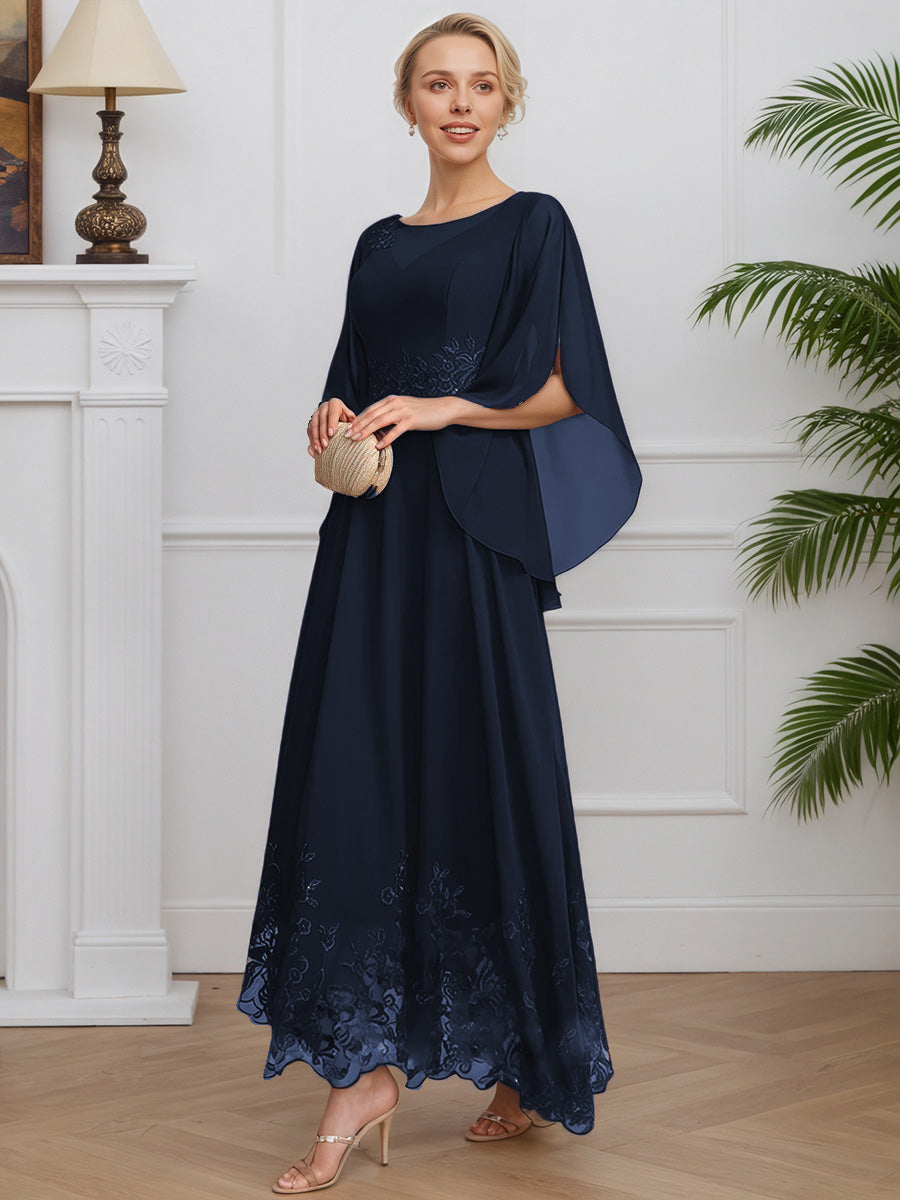 Cicinia Bleu Marine Robe pour Mère de la Mariée Longue en Mousseline et Dentelle A-Line Décolleté en rond