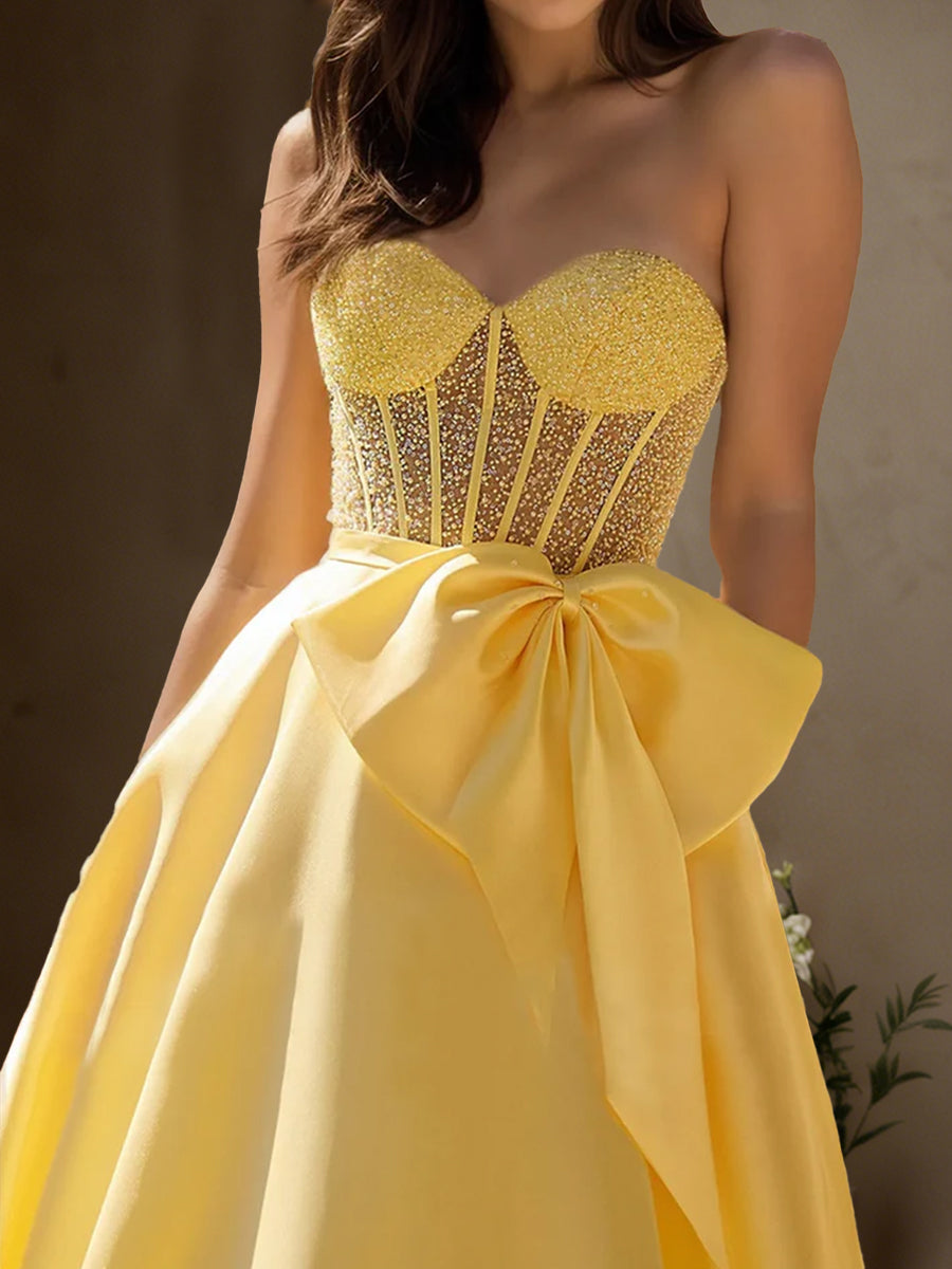 Cicinia Jaune Robe de Soirée Longue en Satin A-Line Longueur Sol Perlé Décolleté Cœur avec Nœud Papillon