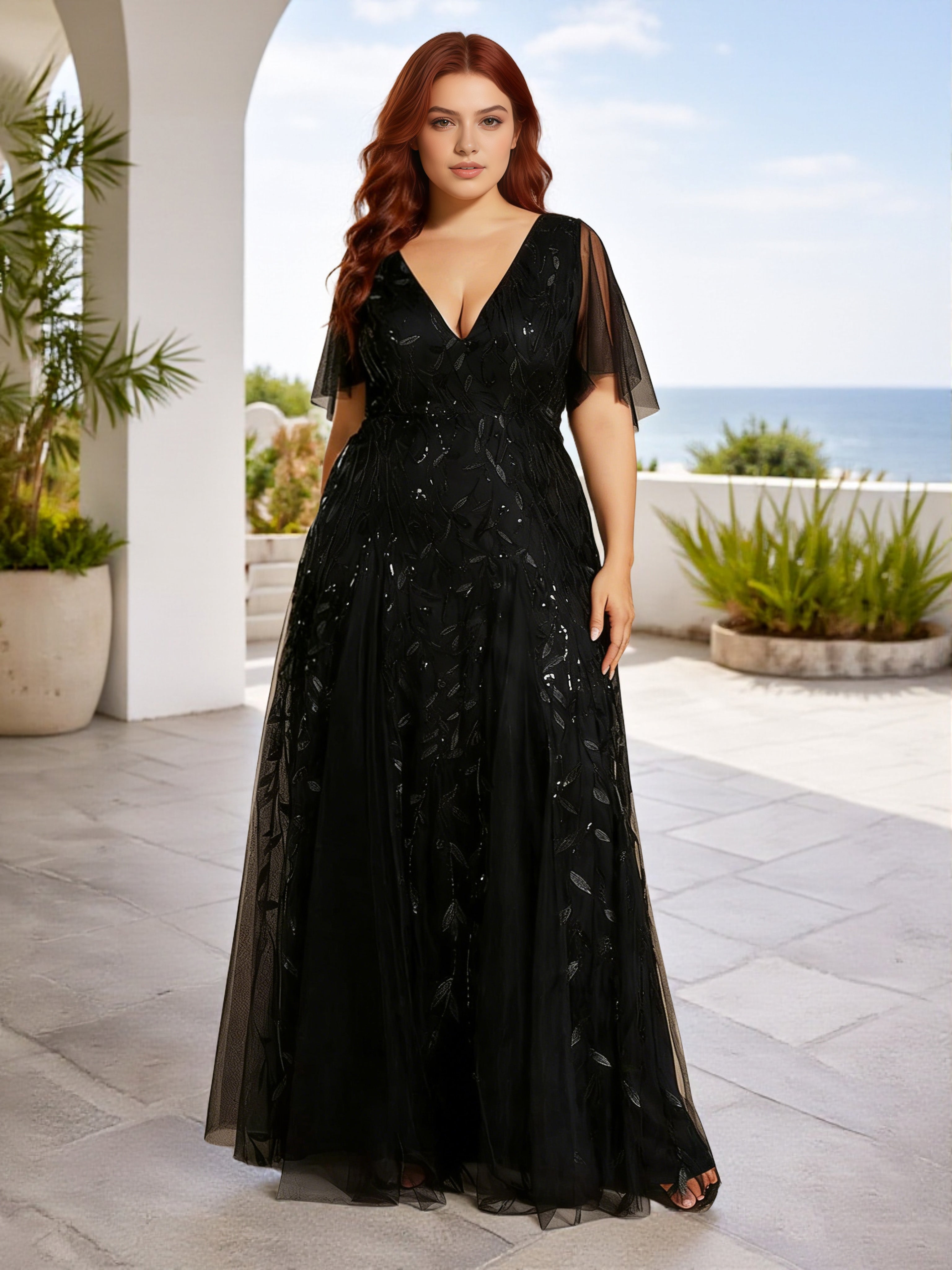 Cicinia Robe Demoiselle d’Honneur Bleu Marine Décolleté en V Manches à Volants Scintillante Romantique Grande Taille