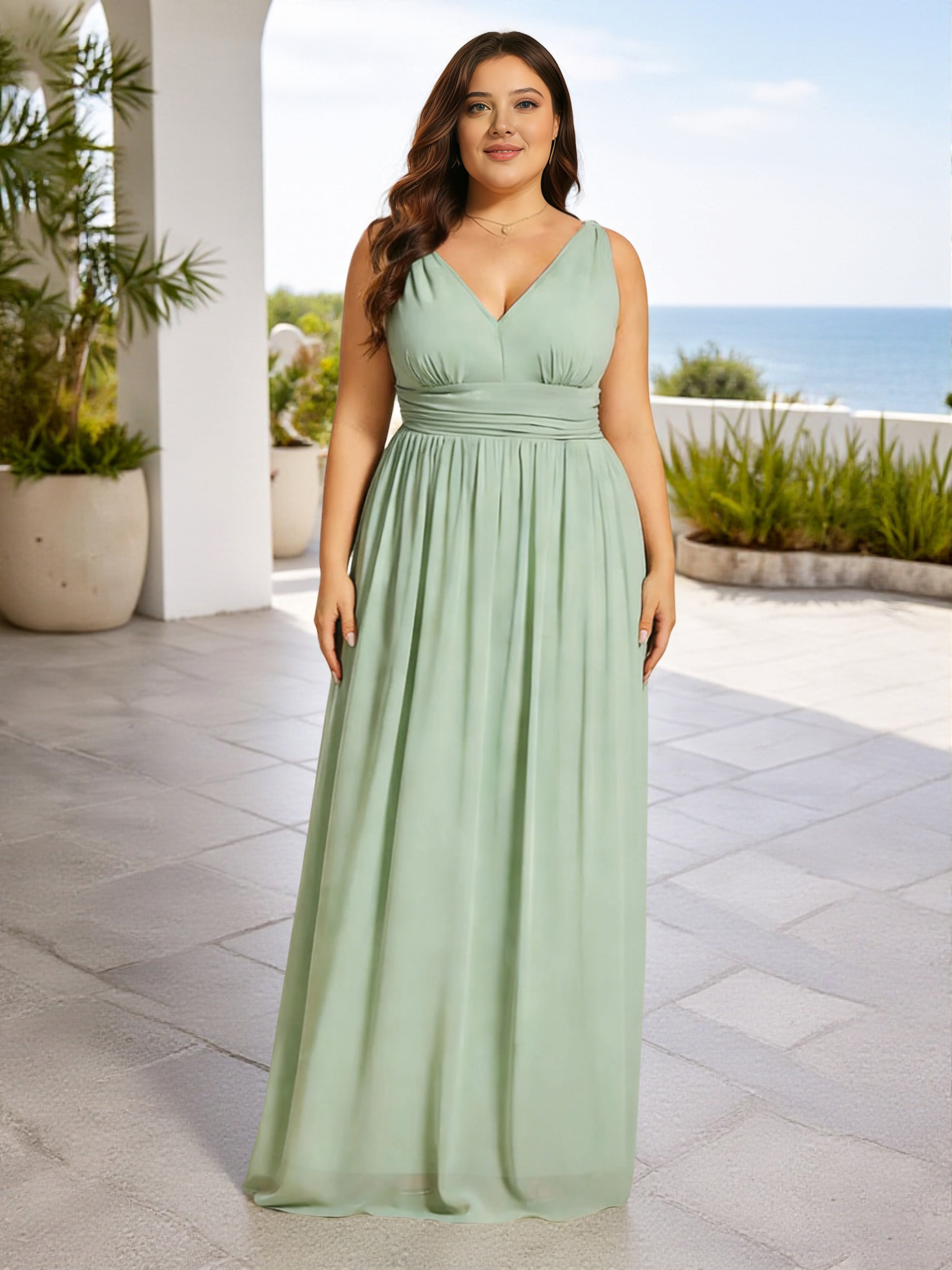 Cicinia Robe Demoiselle d'Honneur Sauge Poudrée sans Manches à Plis en Mousseline Décolleté en V Grande Taille