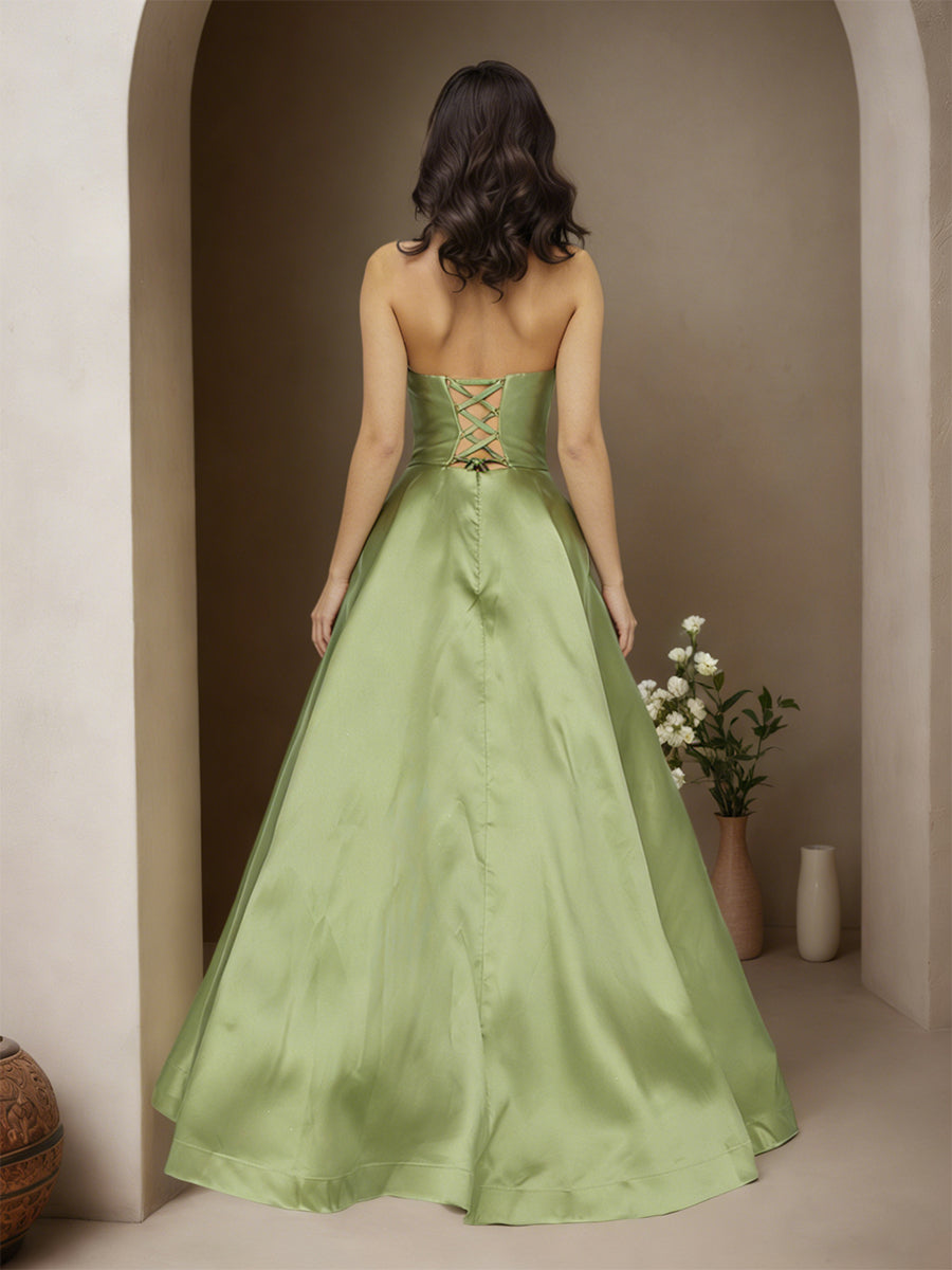Cicinia SAUGE POUDREE Robe de Soirée Longue en Satin A-Line Longueur Sol sans Bretelles Chic