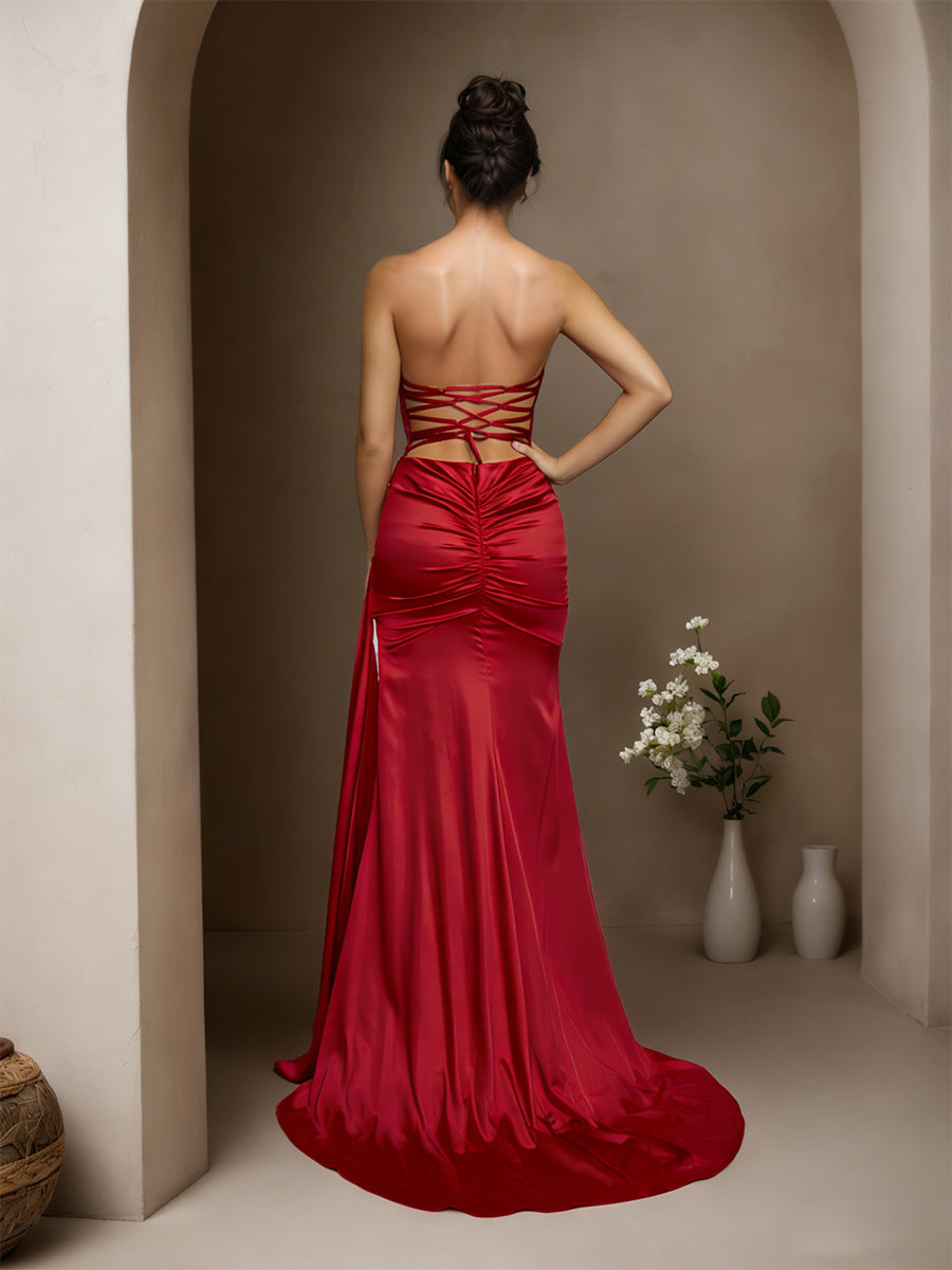 Cicinia BORDEAUX Robe de Soirée Longue en Satin Doux Fourreau Traîne Balayée sans Bretelles Charmante