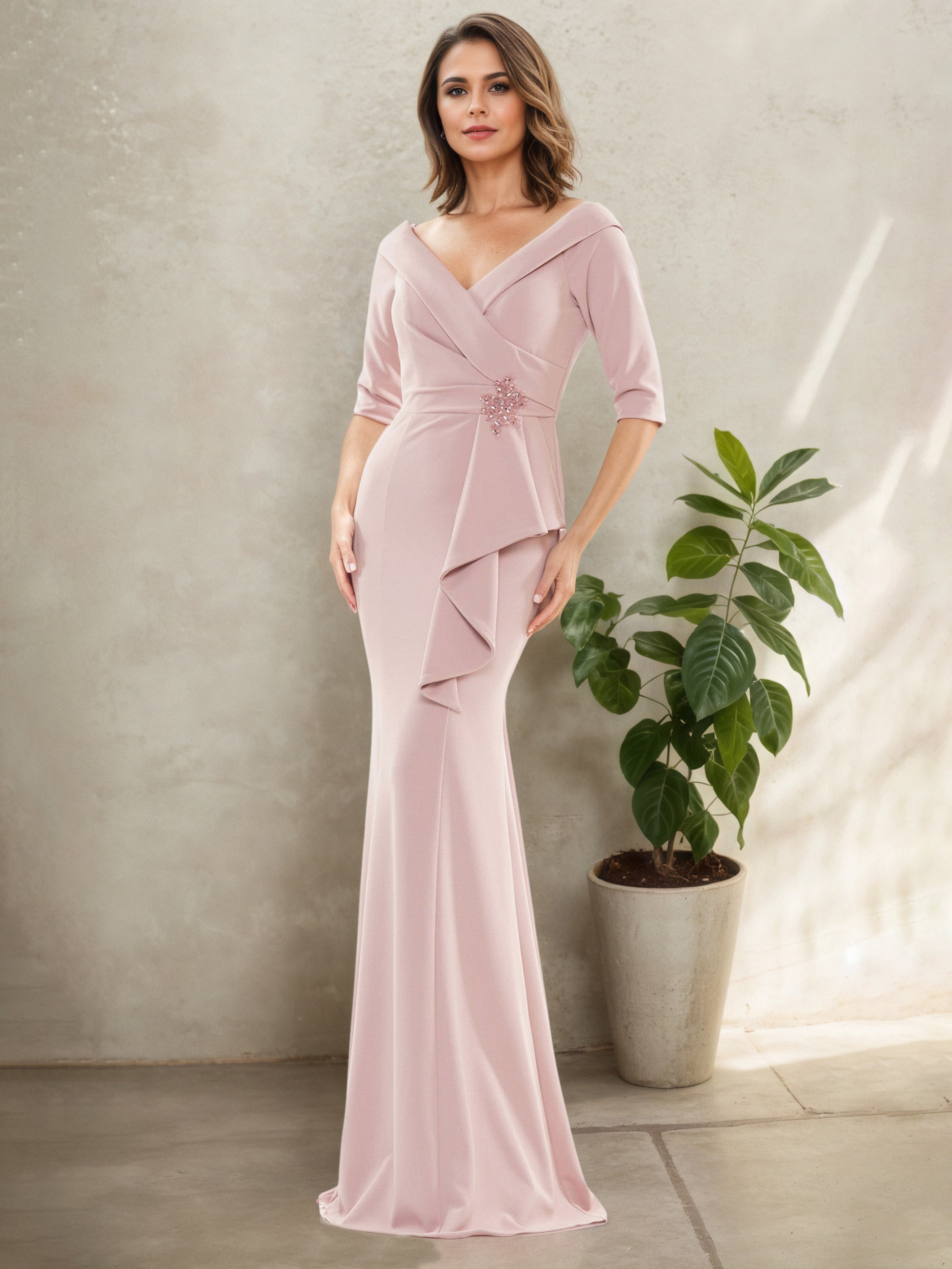 Robe Mère de la Mariée Rose Poudré à Décolleté en V Manches Demi-Longues Brodées de Perles