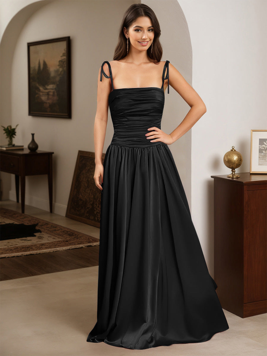 Cicinia Robe de Soirée Noire Longue A-Line en Satin à Bretelles Spaghetti Longueur Sol