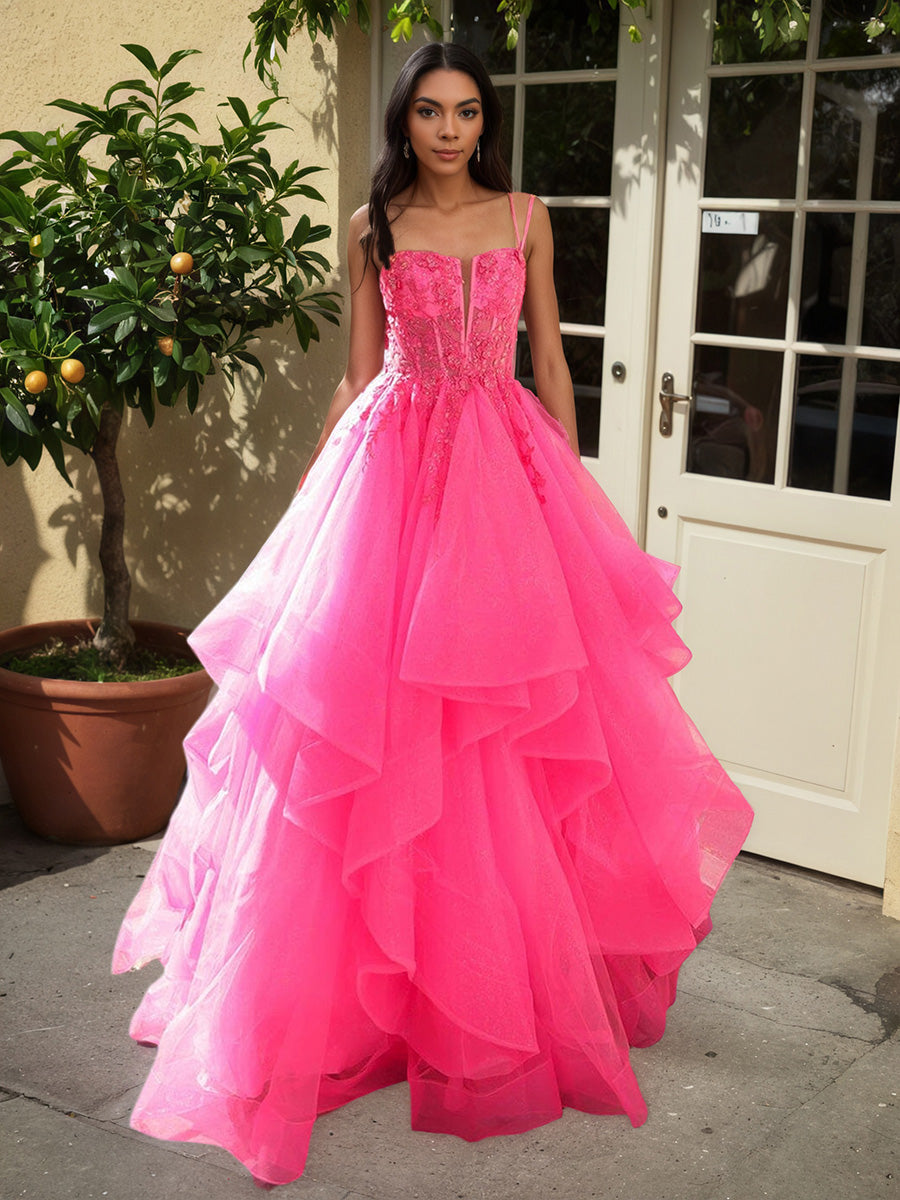 Cicinia Azalée Robe de Soirée Princesse Longue à Bretelles Spaghetti à Volants Unique