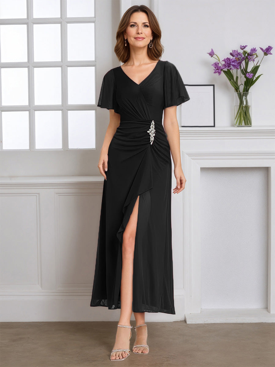 Cicinia Robe pour Mère de la Mariée Noir Longue A-Line en Mousseline Manches Papillons Décolleté en V