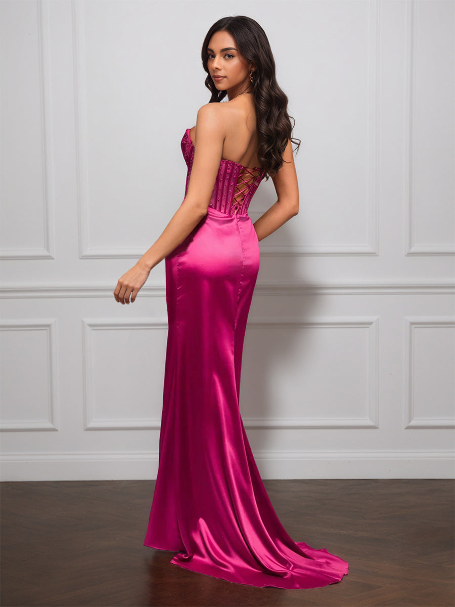 Cicinia Fuchsia Robe de soirée Longue en Satin Extensible Fourreau sans Bretelles Traîne Balayée en Ligne