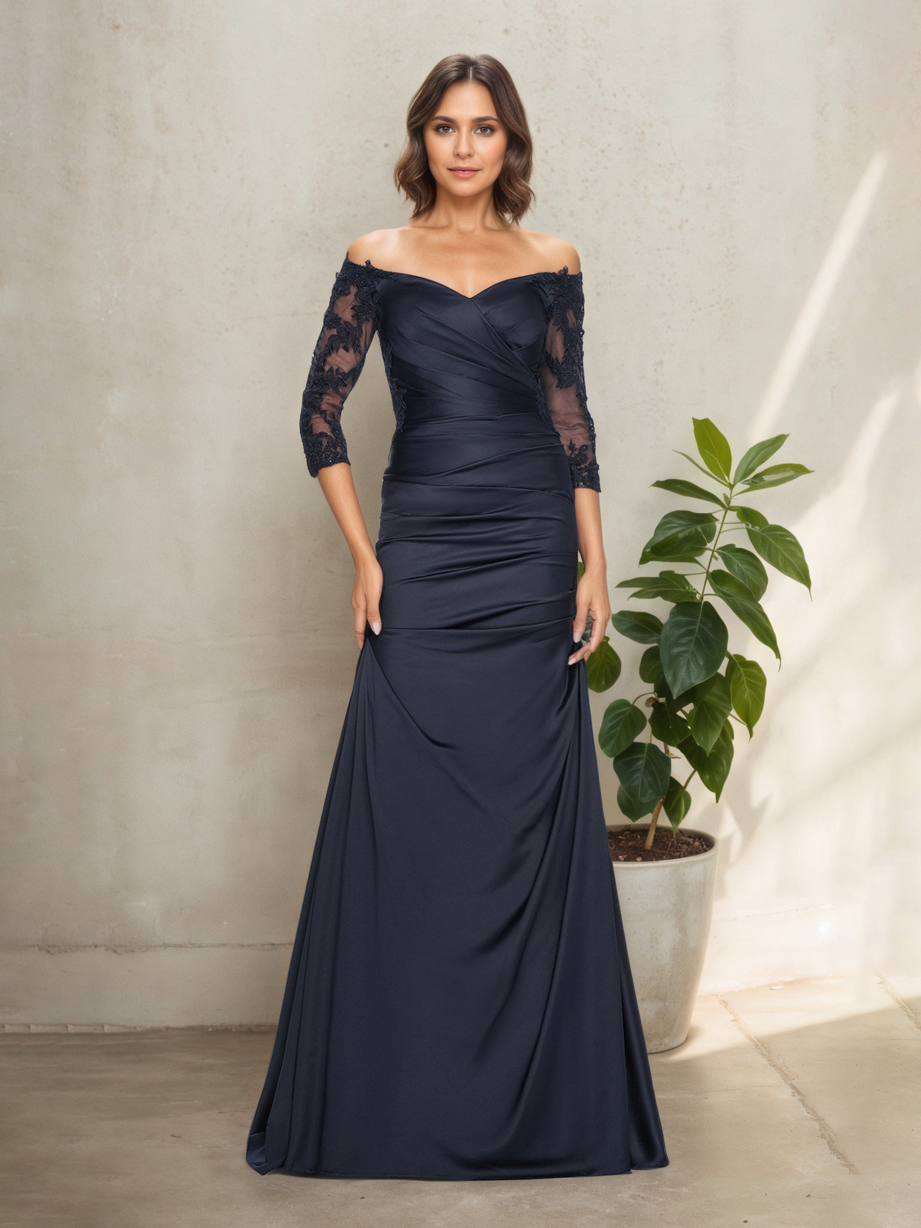 Robe Mère de la Mariée Bleu Marine à Épaules Dénudées Manches Longues avec Effet Plissé