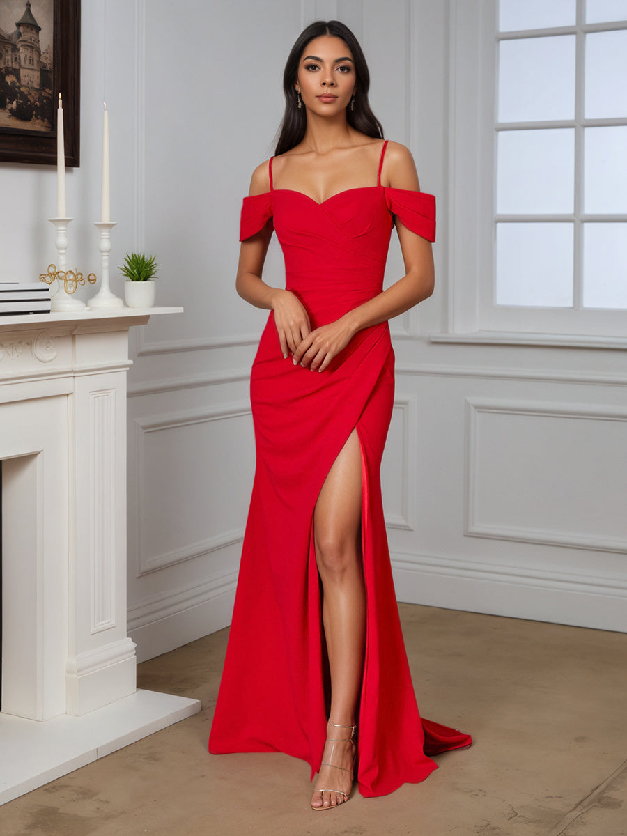Cicinia Rouge Robe de Soirée Longue Fourreau à Bretelles Spaghetti Fente Élégante