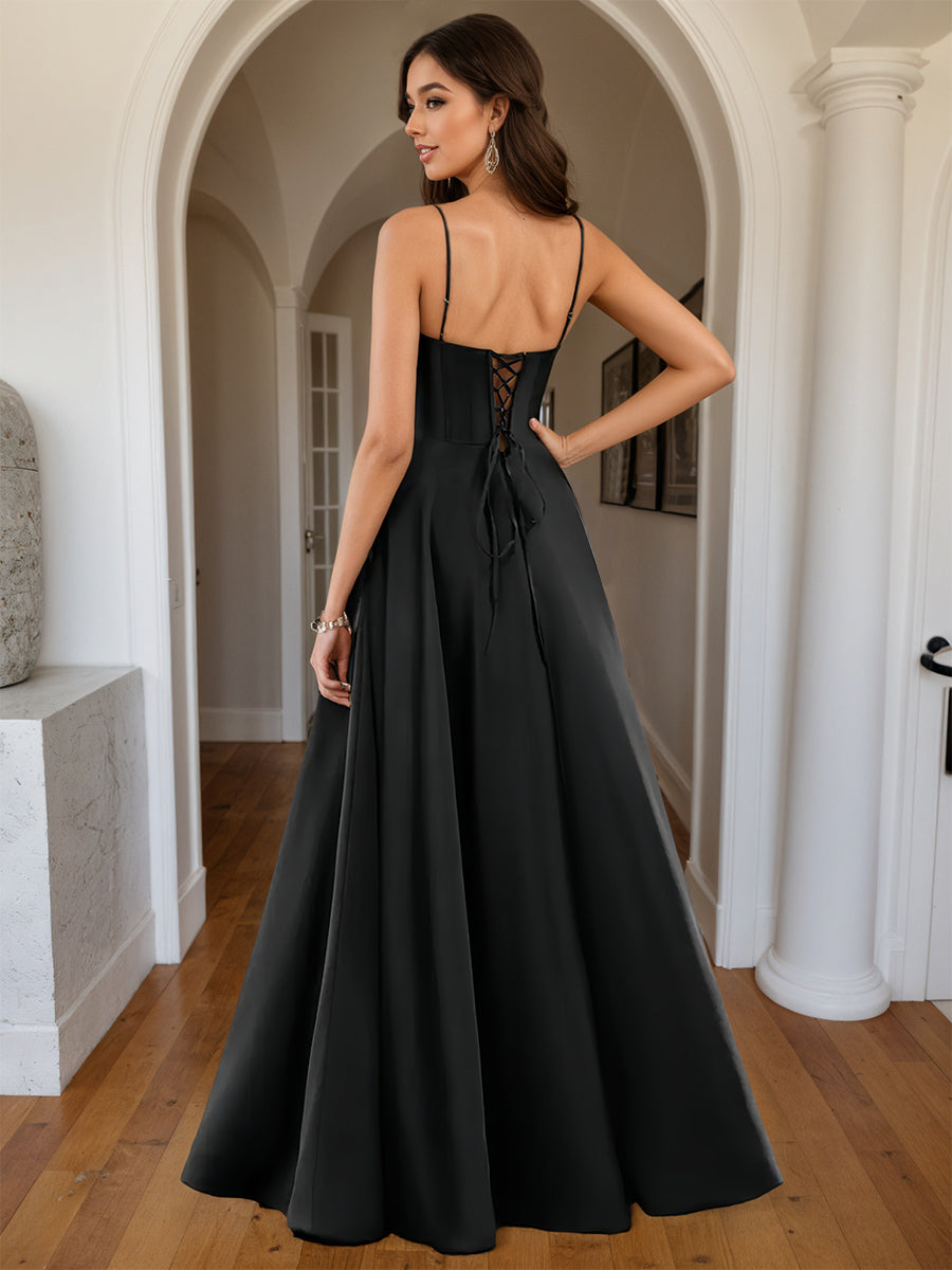 Cicinia Robe de Soirée Noir Longue A-Line en Satin à Bretelles Spaghetti Décolleté Cœur Longueur Sol