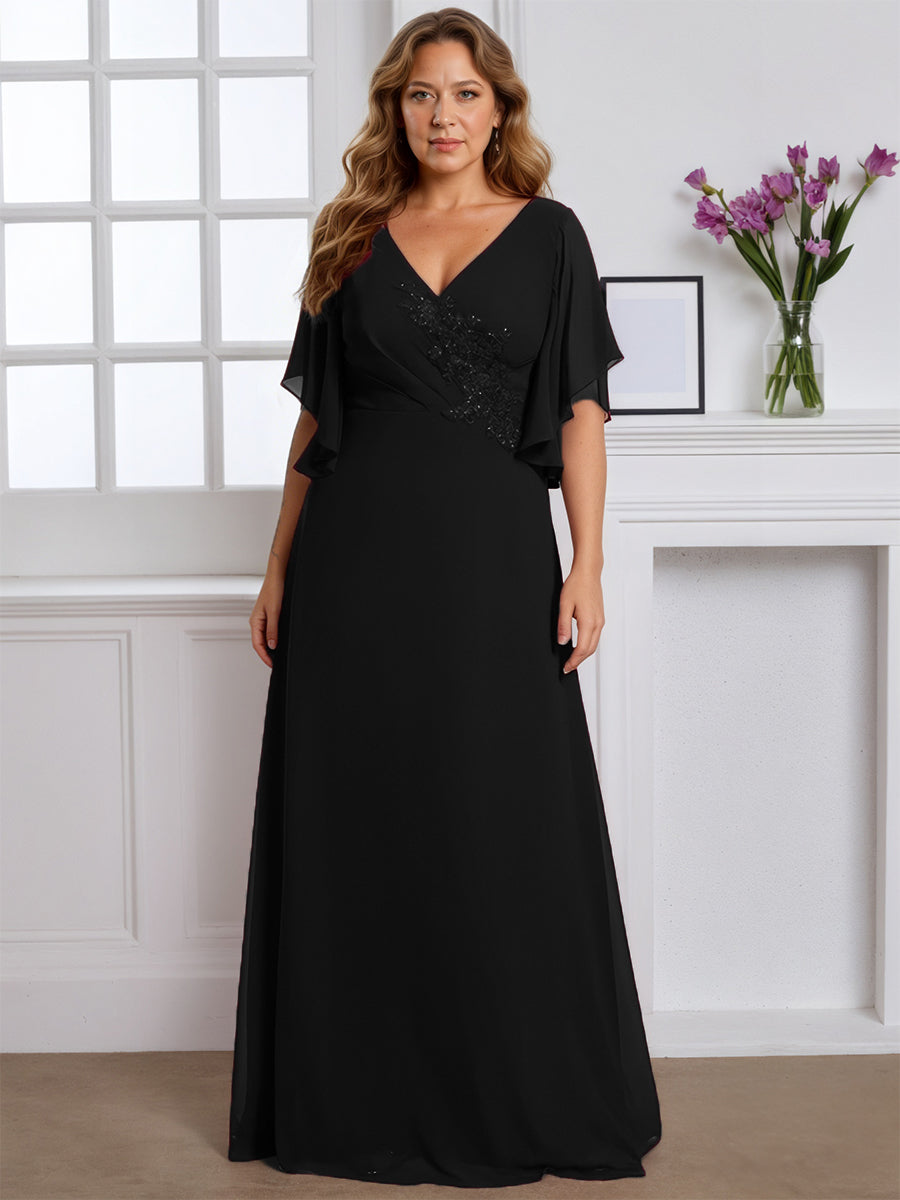 Cicinia Robe pour Mère de la Mariée NOIR Longue A-Line en Mousseline Manches Papillons Longueur Sol Grande Taille
