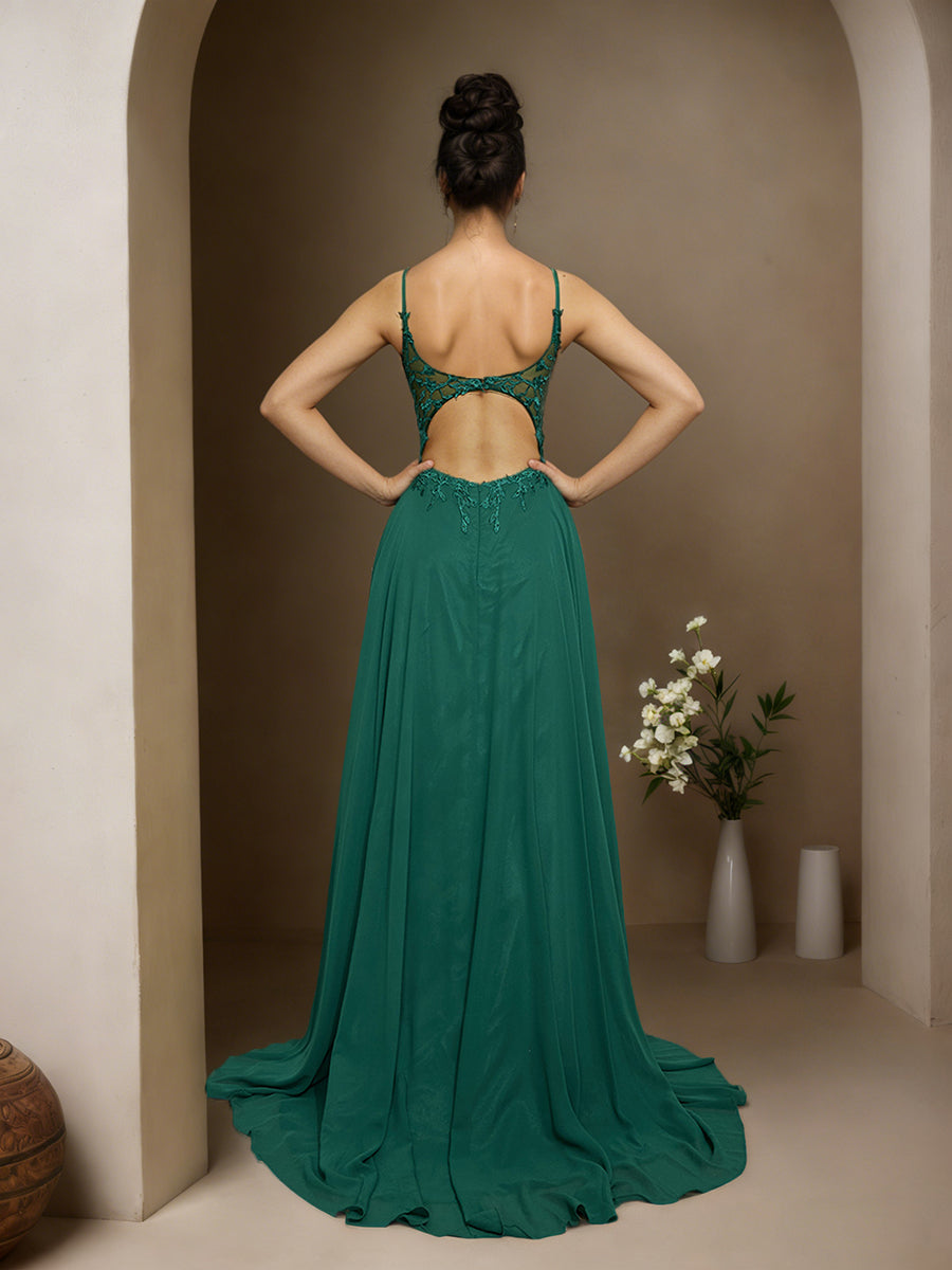Cicinia VERT FONCE Robe de Soirée Longue en Mousseline Appliqués Dentelle A-Line Traîne Balayée