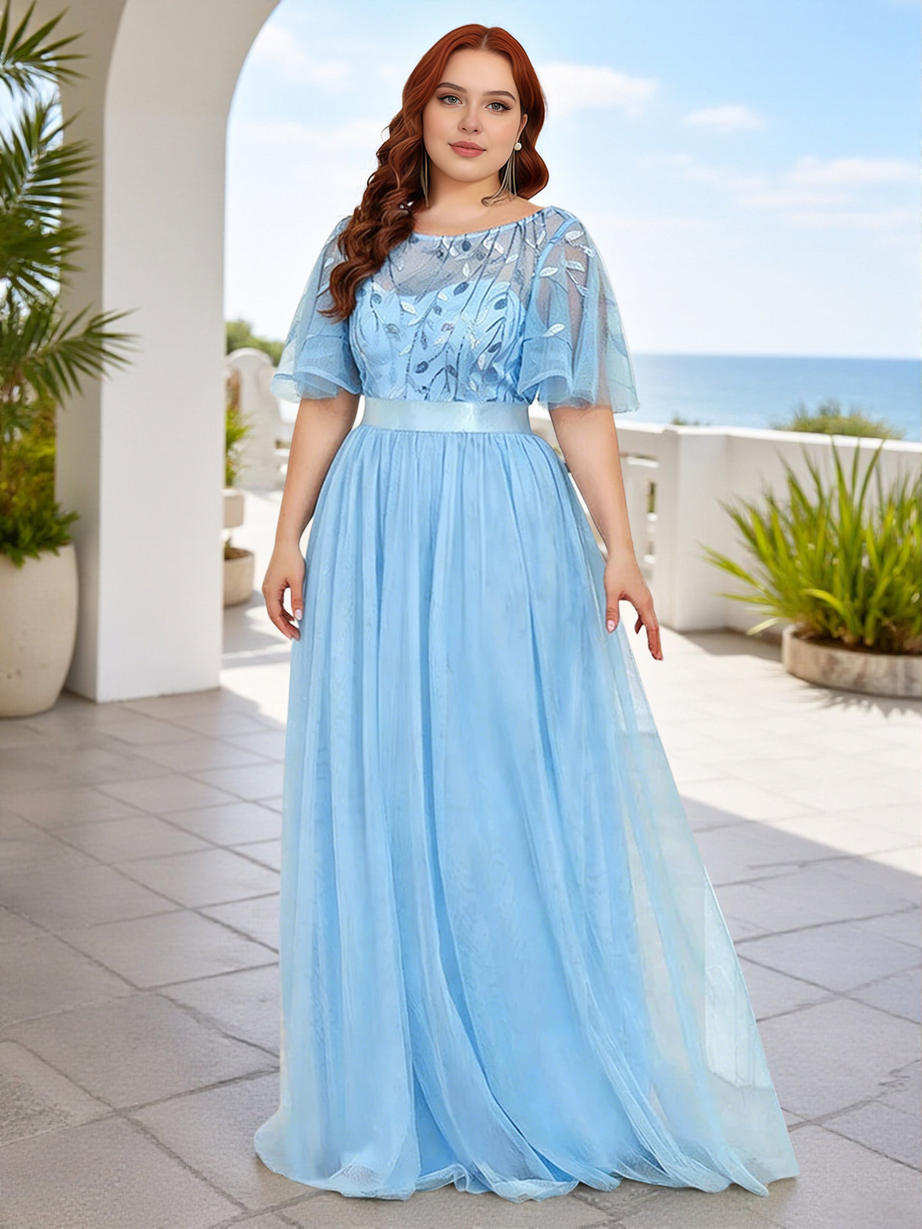 Cicinia Robe Demoiselle d’Honneur Bleu Ciel A-Line Manches Courtes Brodée Longueur Sol Grande Taille