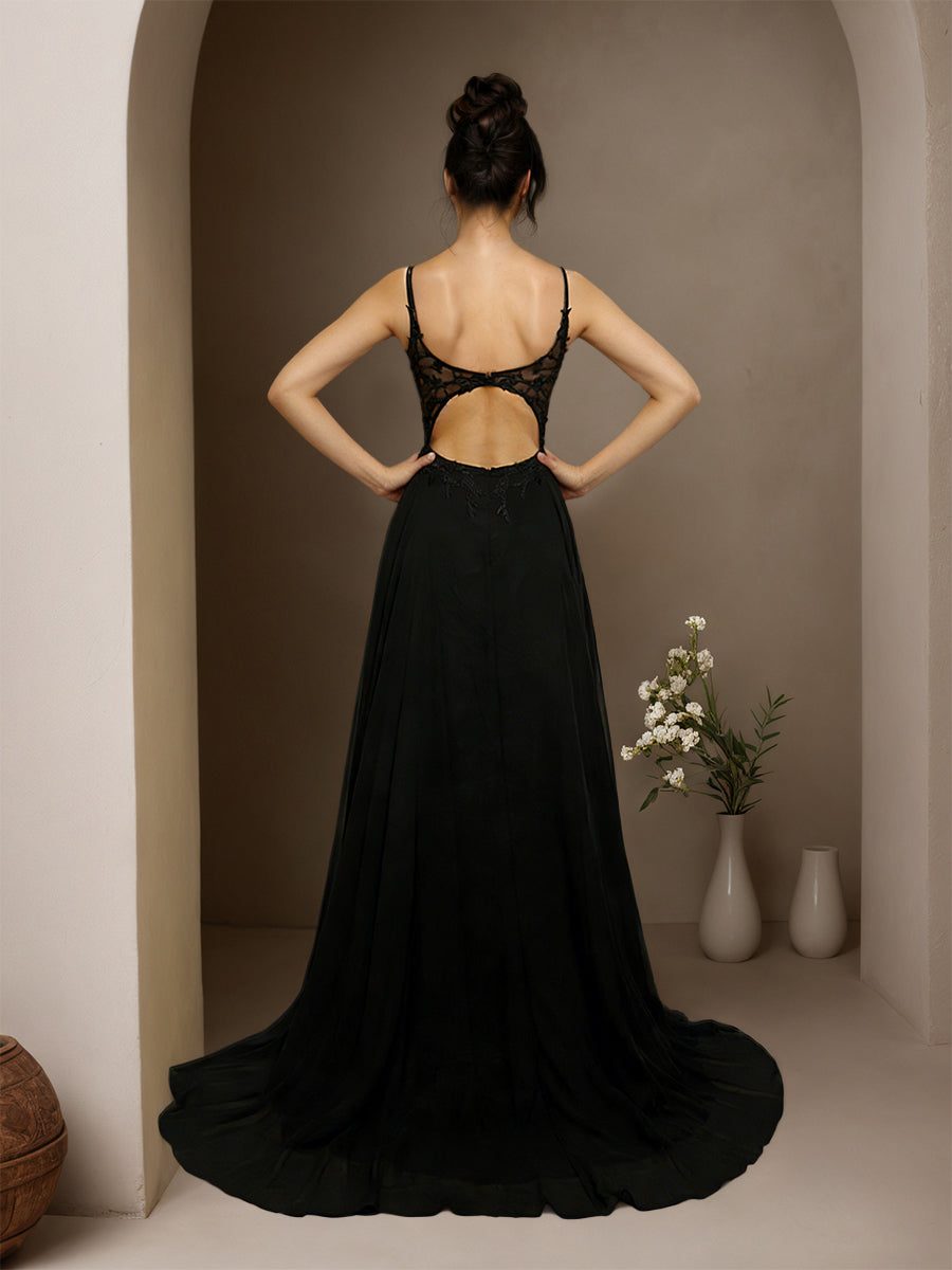 Cicinia Noir Robe de Soirée Longue en Mousseline Appliqués Dentelle A-Line Traîne Balayée