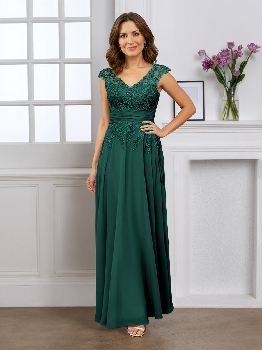 Cicinia Robe pour Mère de la Mariée VERT FONCE Longue A-Line en Mousseline Appliqués Dentelle Décolleté en V Longueur Sol