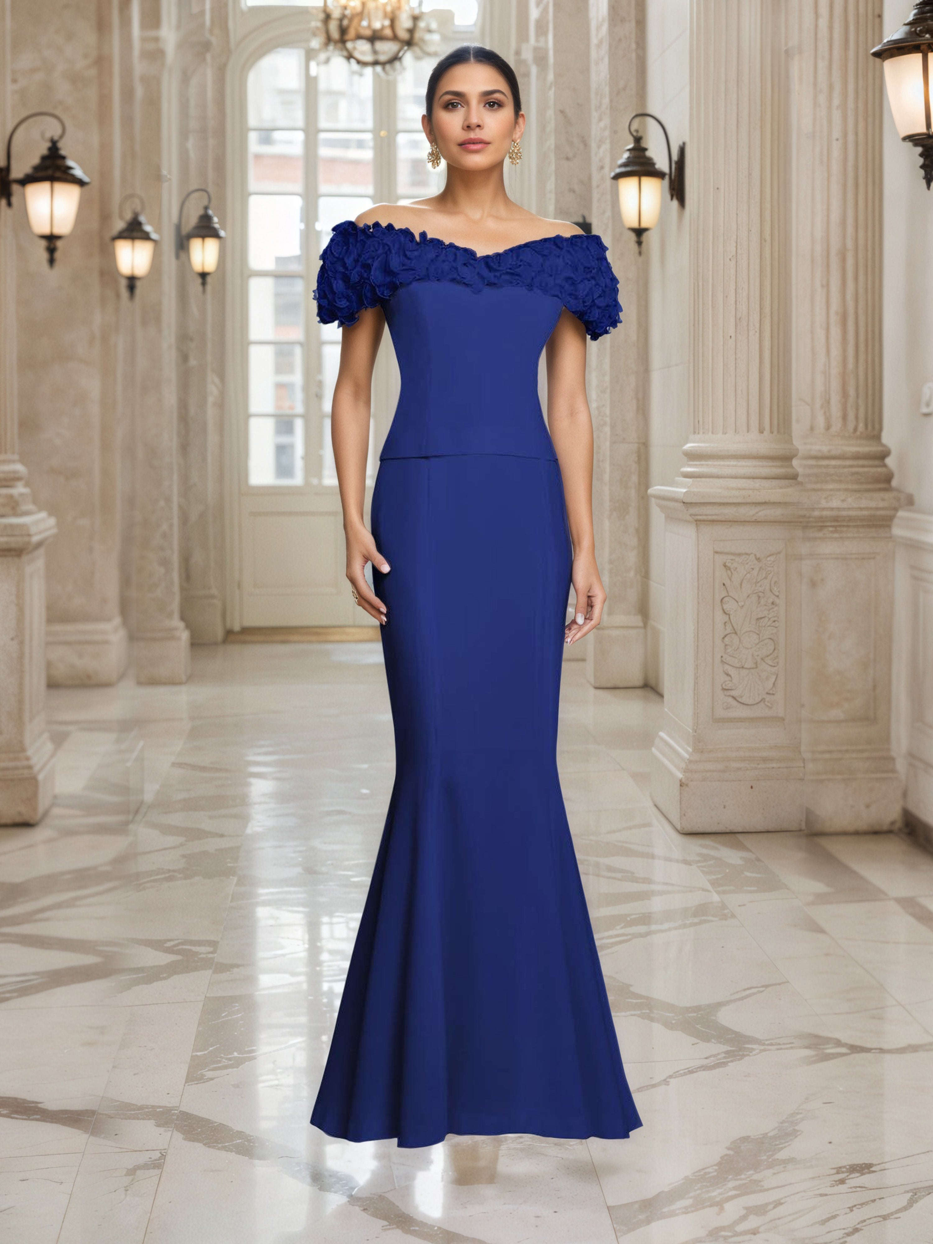 Robe de Soirée BLEU_ROYALE Epaules Dénudées Robe Trompette/Sirène
