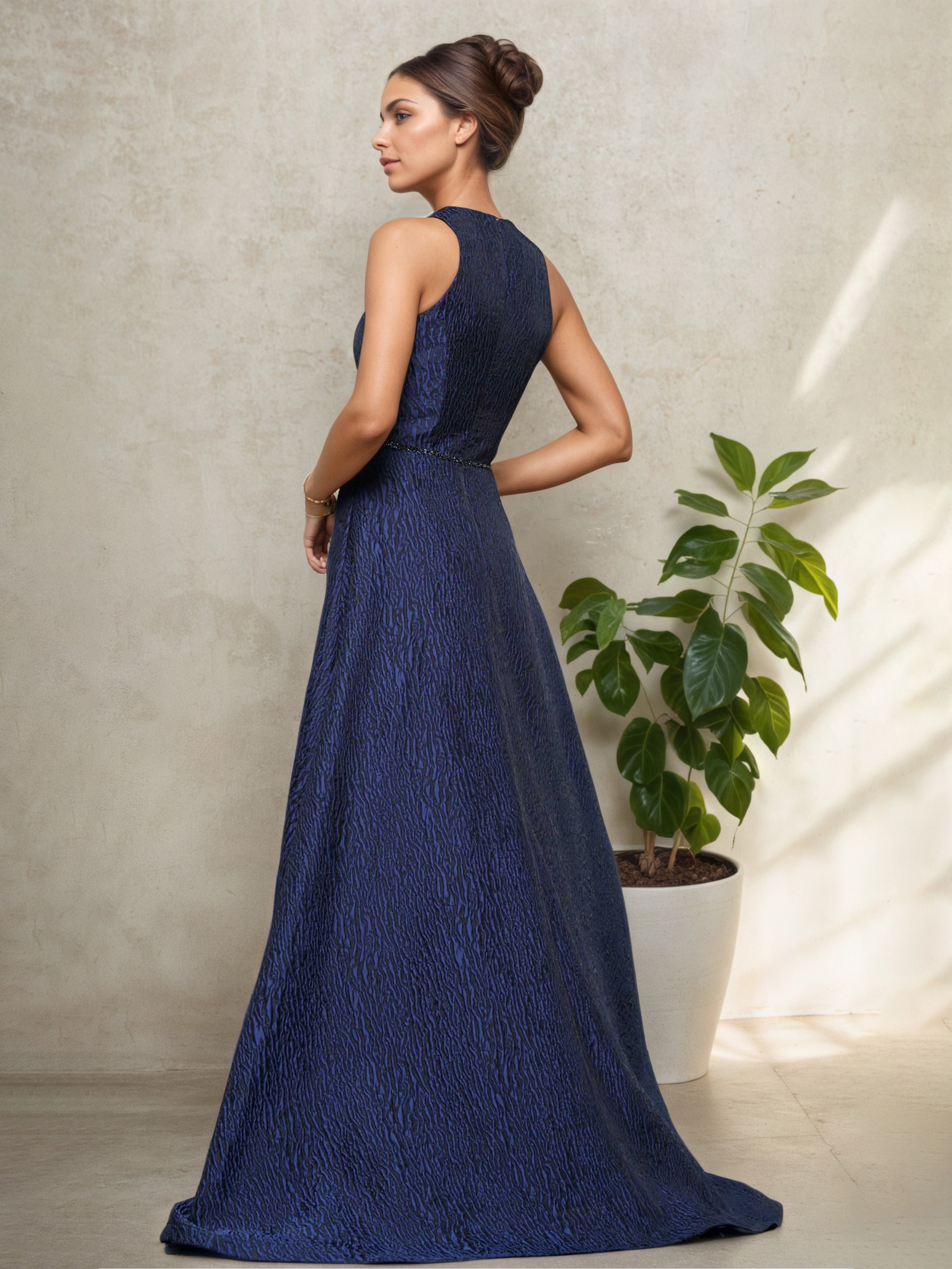 Robe Mère de la Mariée Bleu Marine Foncé à Décolleté en V avec Manches et Châle